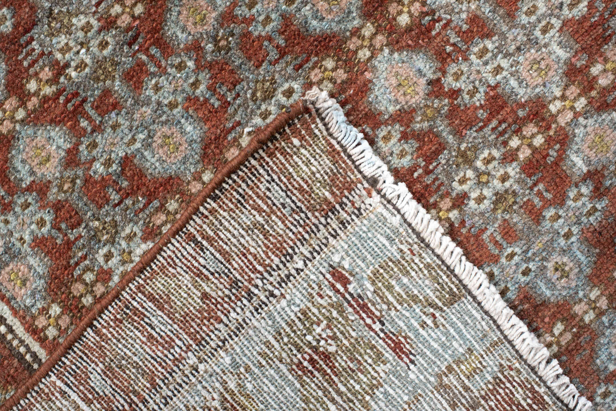 3' x 5' one-of-a-kind handmade vintage Hamadan small size rug. Color palette: rust, sky blue, ivory, olive, taupe, brown
