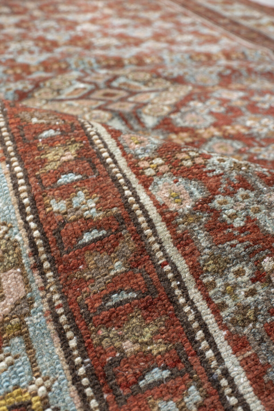 3' x 5' one-of-a-kind handmade vintage Hamadan small size rug. Color palette: rust, sky blue, ivory, olive, taupe, brown