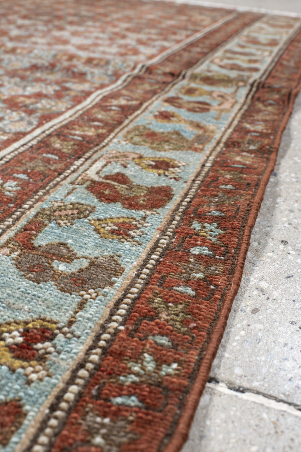 3' x 5' one-of-a-kind handmade vintage Hamadan small size rug. Color palette: rust, sky blue, ivory, olive, taupe, brown