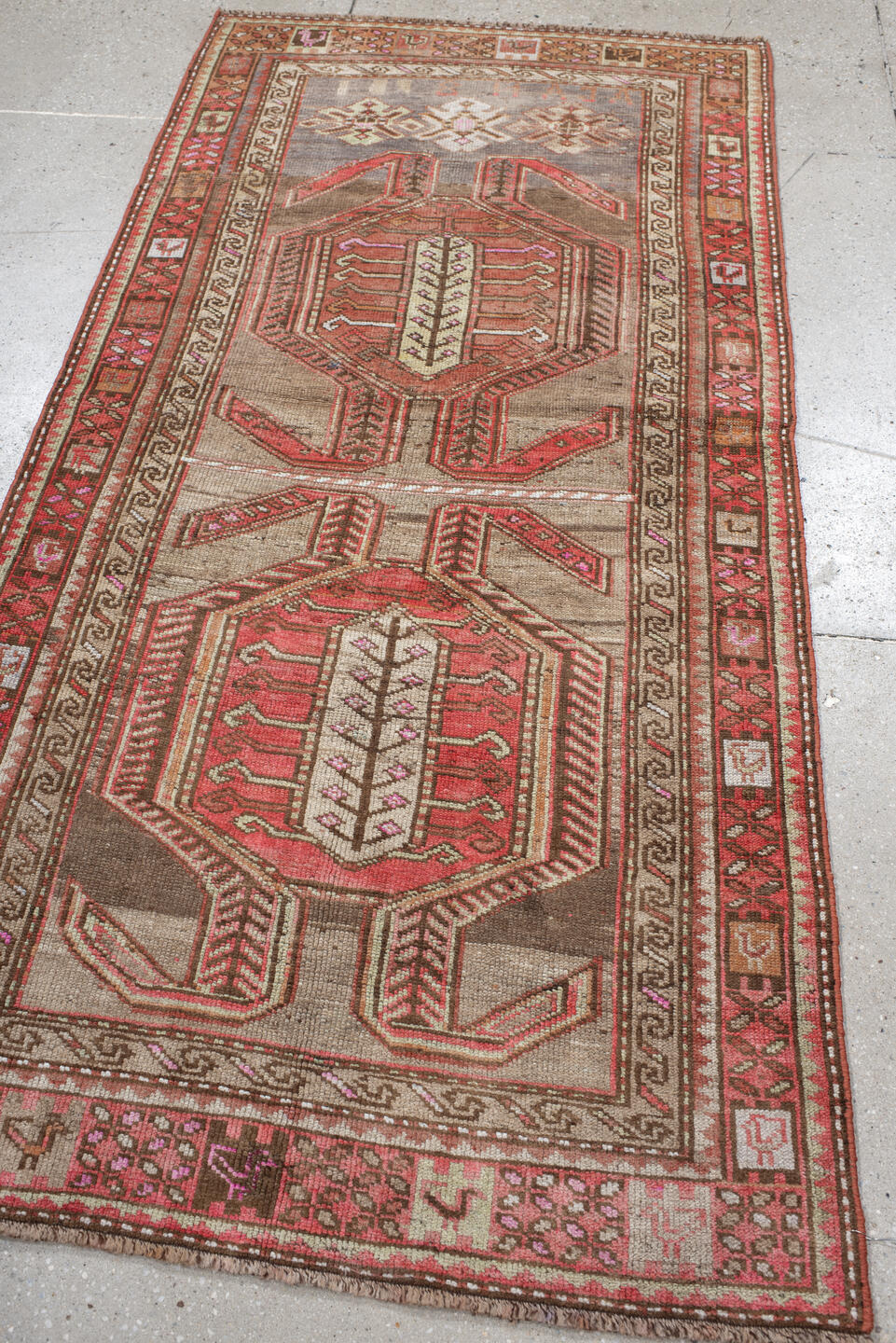 3' x 6' one-of-a-kind handmade vintage NW Persian runner rug. Color palette: taupe, rust, rose, ivory, brown, coral