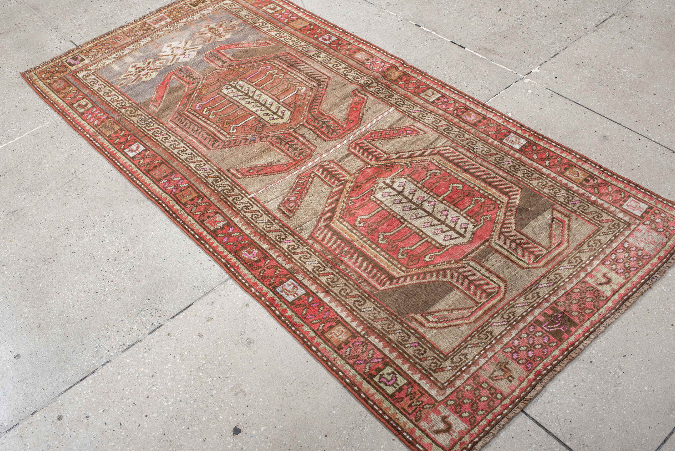3' x 6' one-of-a-kind handmade vintage NW Persian runner rug. Color palette: taupe, rust, rose, ivory, brown, coral