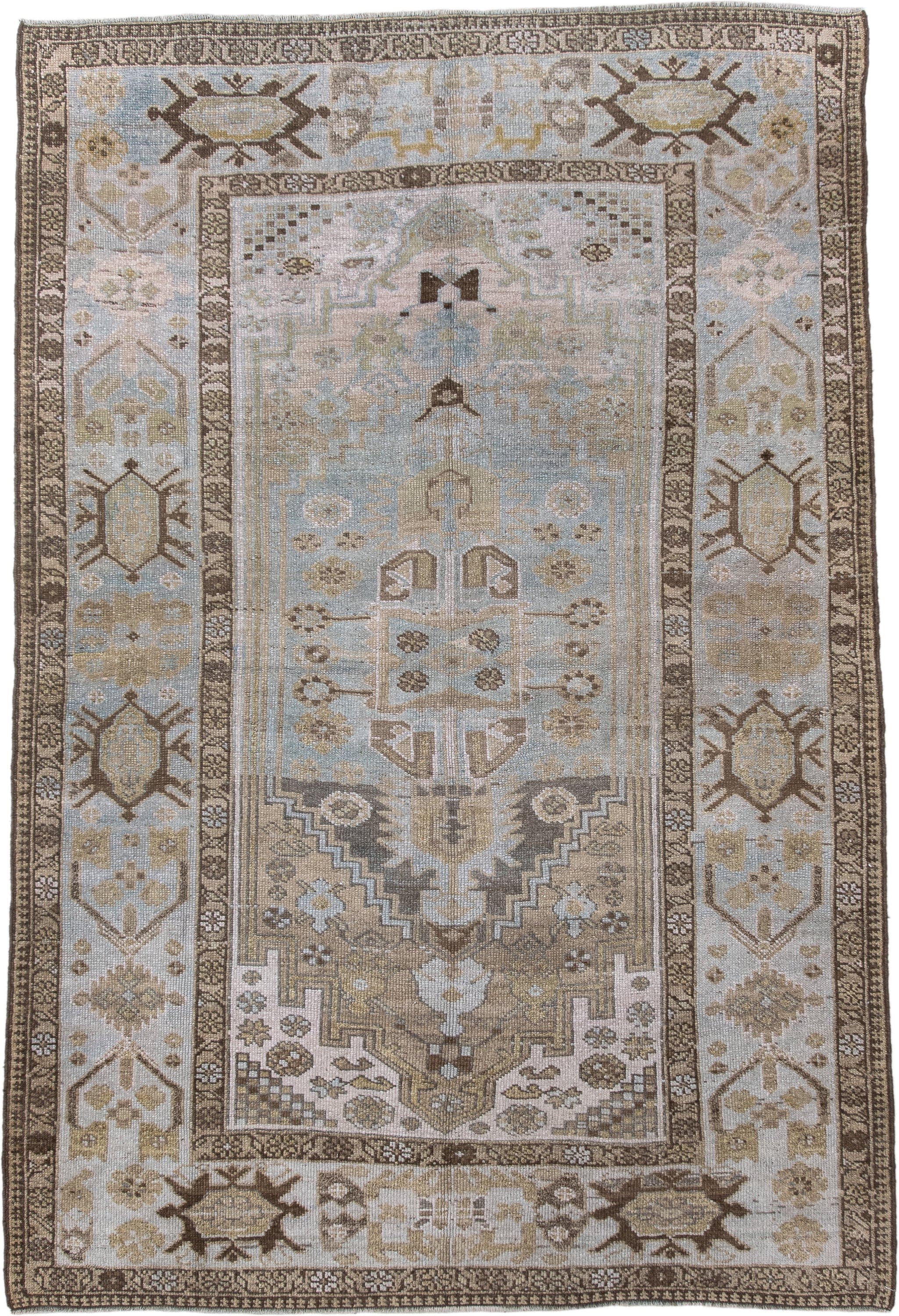 4' x 6' one-of-a-kind handmade vintage Sarab small size rug. Color palette: ivory, light blue, taupe, brown, camel, sage