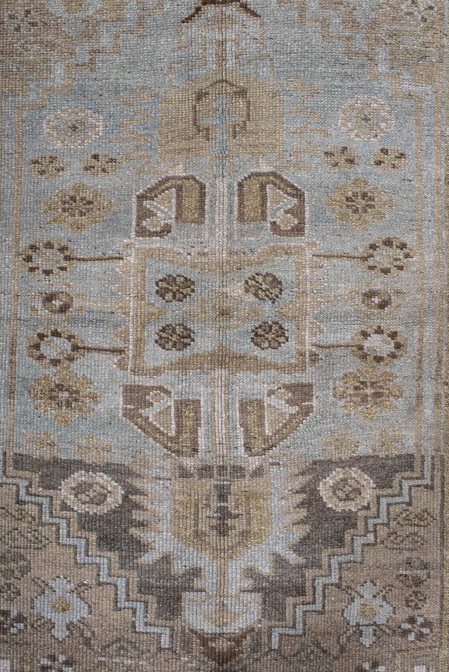 4' x 6' one-of-a-kind handmade vintage Sarab small size rug. Color palette: ivory, light blue, taupe, brown, camel, sage