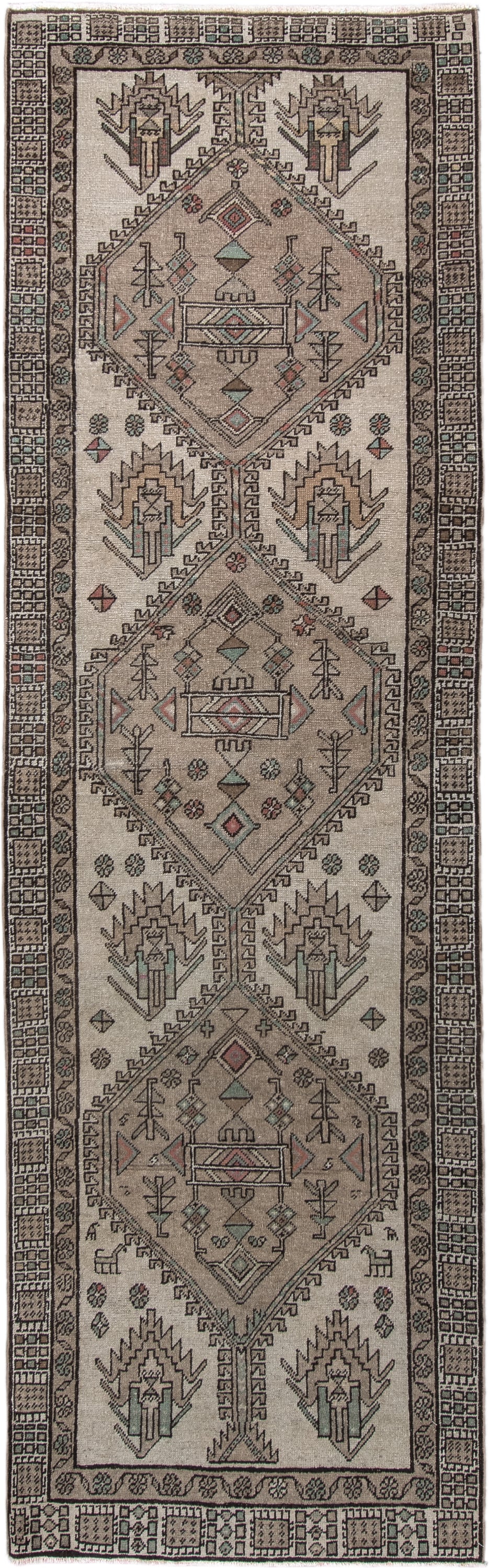3' x 9' one-of-a-kind handmade vintage Sarab runner rug. Color palette: ivory, taupe, charcoal, sage, rust, camel, beige