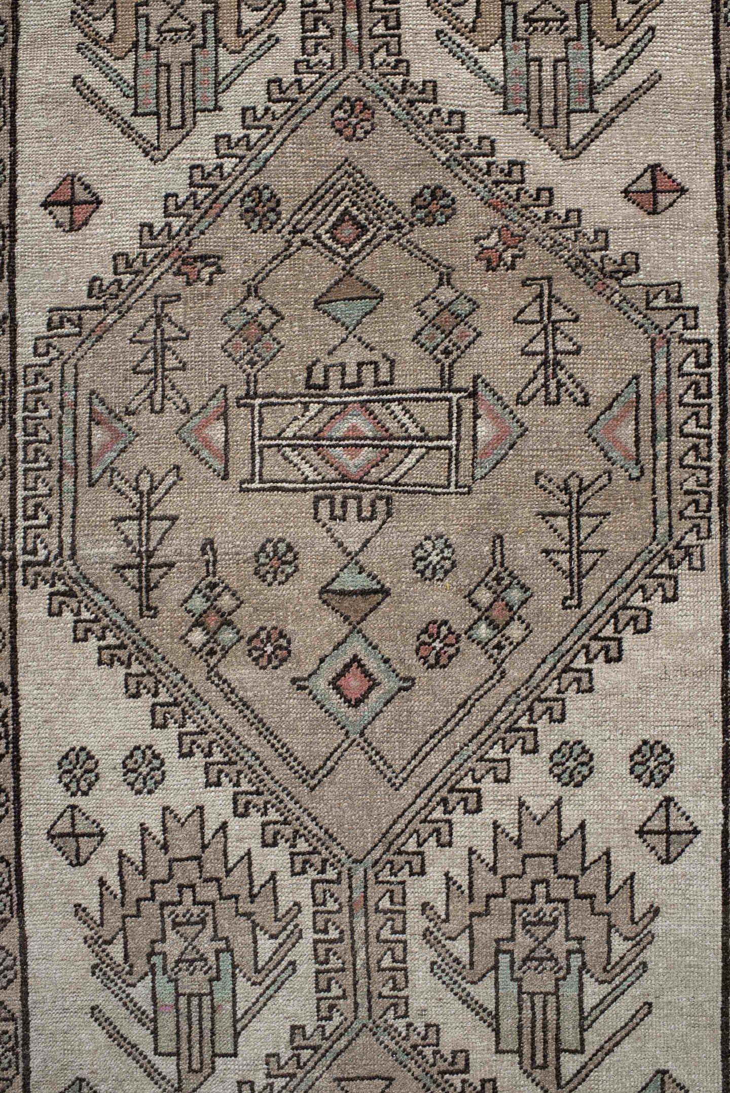 3' x 9' one-of-a-kind handmade vintage Sarab runner rug. Color palette: ivory, taupe, charcoal, sage, rust, camel, beige