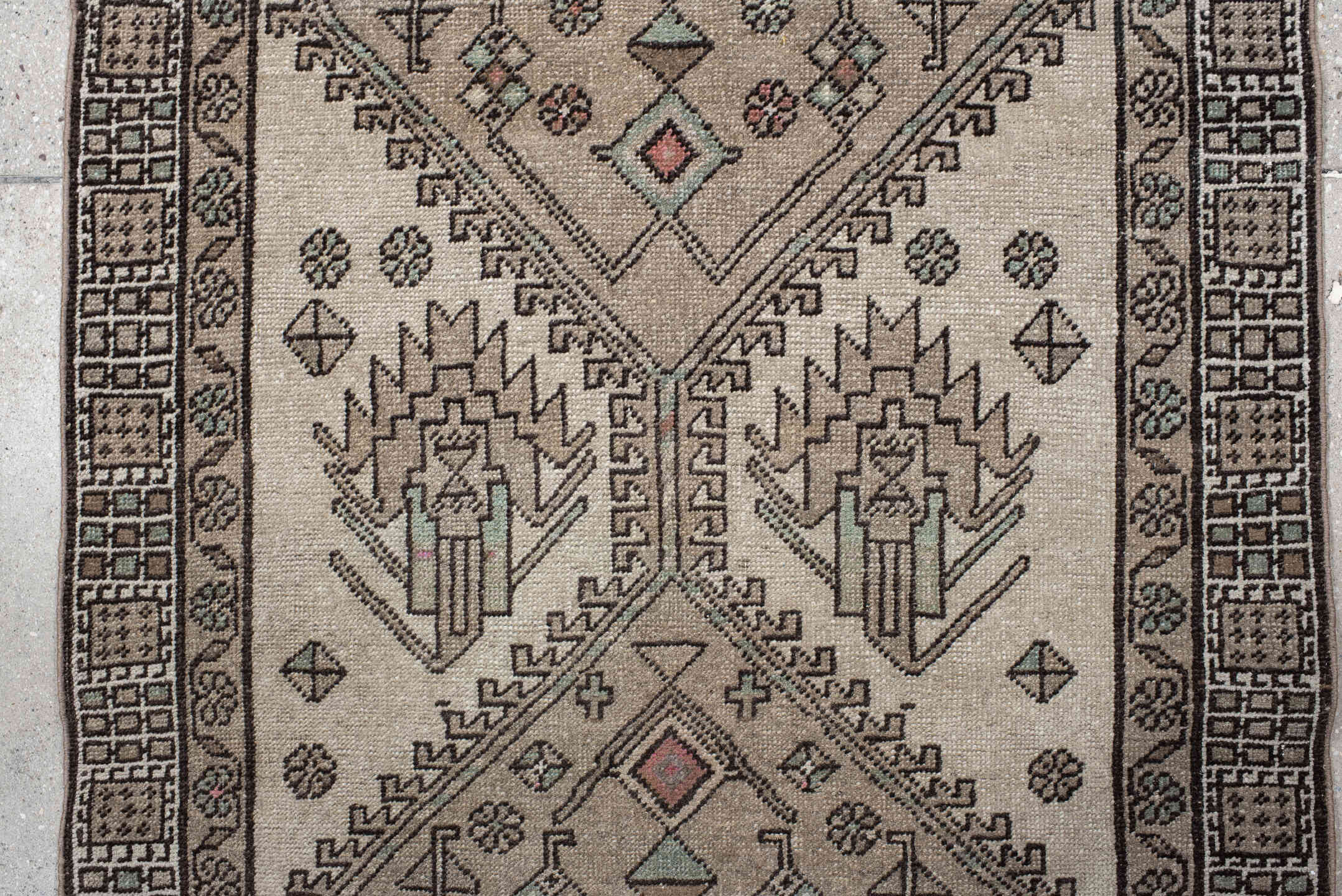 3' x 9' one-of-a-kind handmade vintage Sarab runner rug. Color palette: ivory, taupe, charcoal, sage, rust, camel, beige