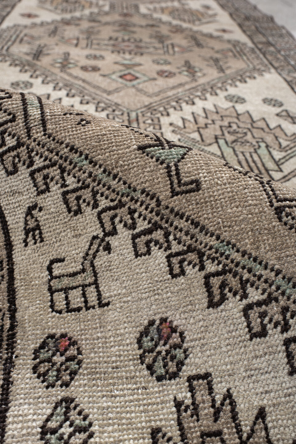 3' x 9' one-of-a-kind handmade vintage Sarab runner rug. Color palette: ivory, taupe, charcoal, sage, rust, camel, beige