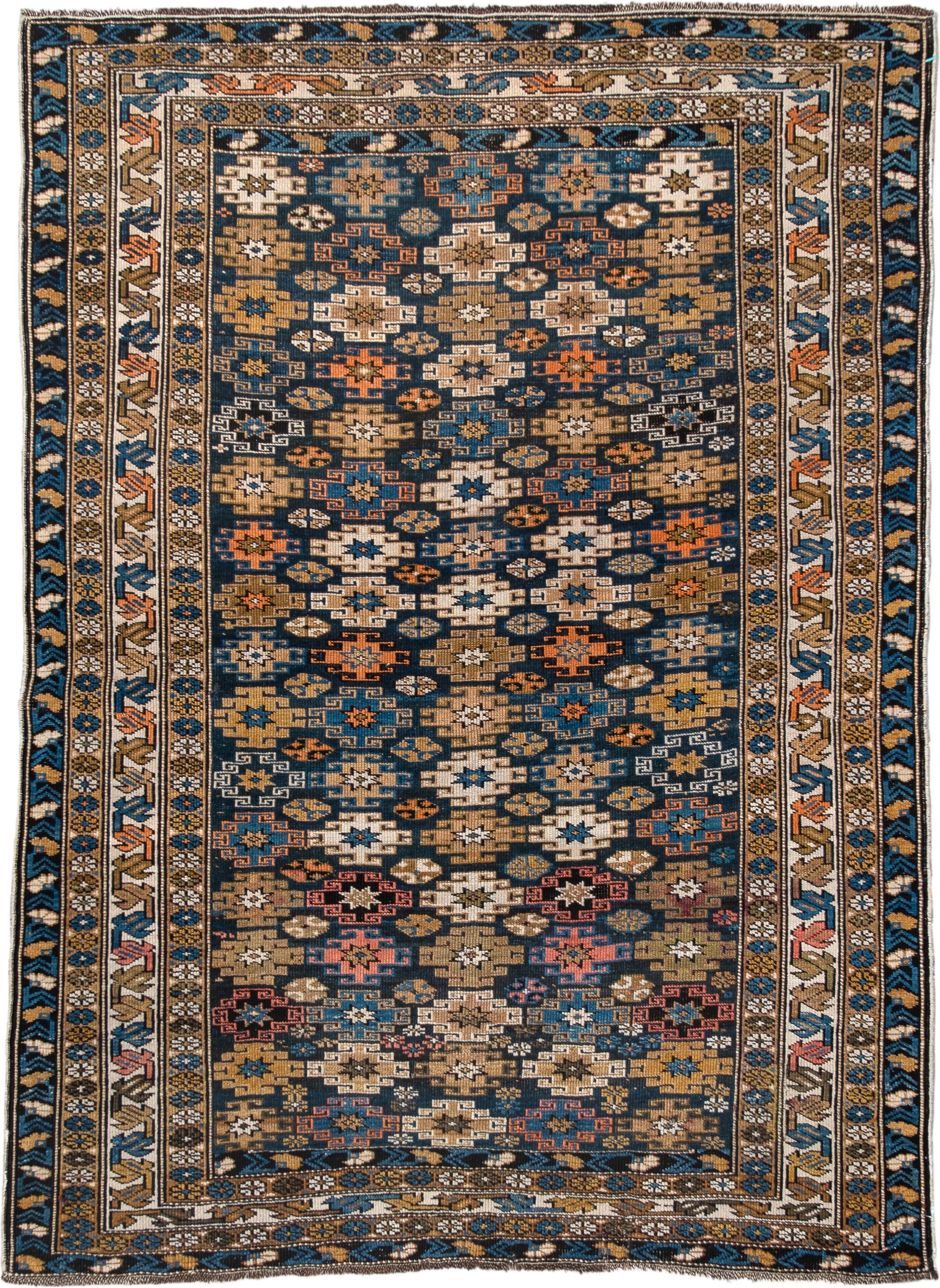 3' x 5' one-of-a-kind handmade vintage Caucasian small size rug. Color palette: navy, camel, ivory, sky blue, rust, brown