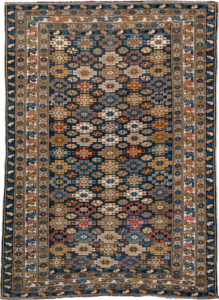3' x 5' one-of-a-kind handmade vintage Caucasian small size rug. Color palette: arapawa, black, blue, brown, gray
