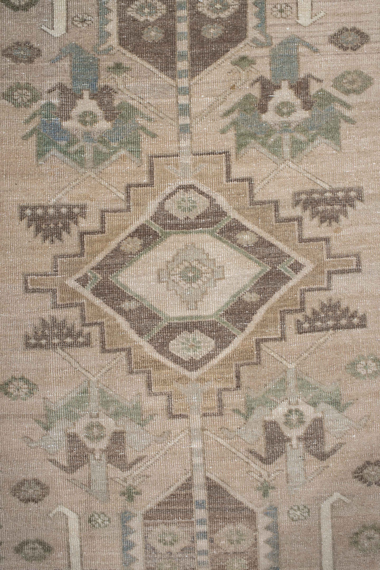3' x 7' one-of-a-kind handmade antique Sarab runner rug. Color palette: camel, ivory, taupe, sage, brown, slate, olive