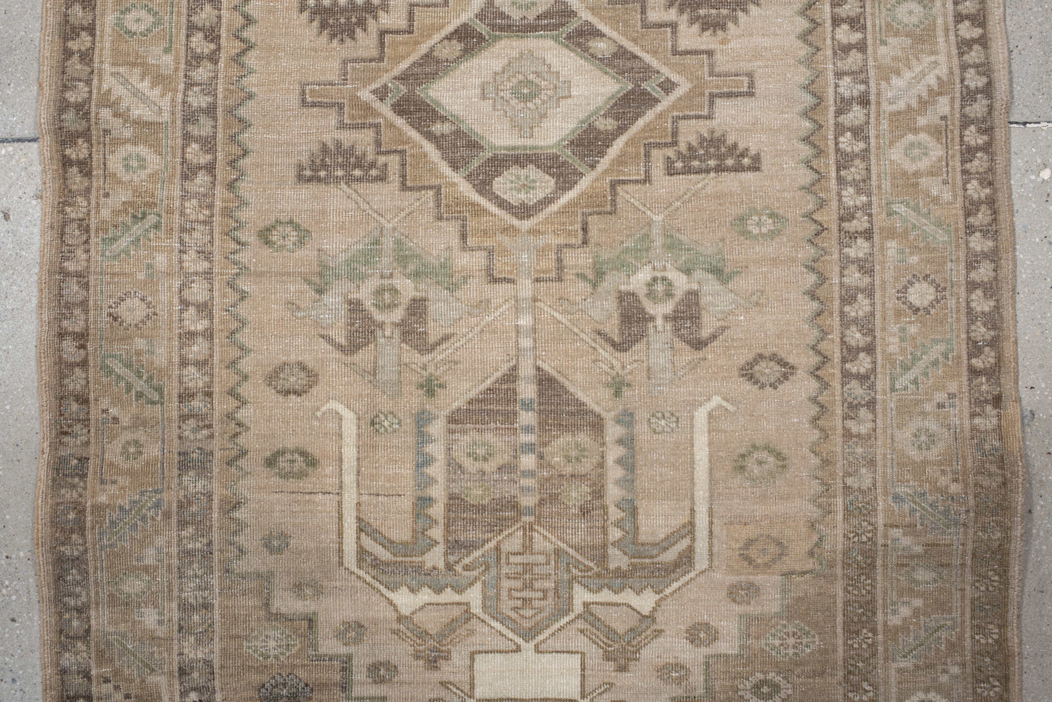 3' x 7' one-of-a-kind handmade antique Sarab runner rug. Color palette: camel, ivory, taupe, sage, brown, slate, olive