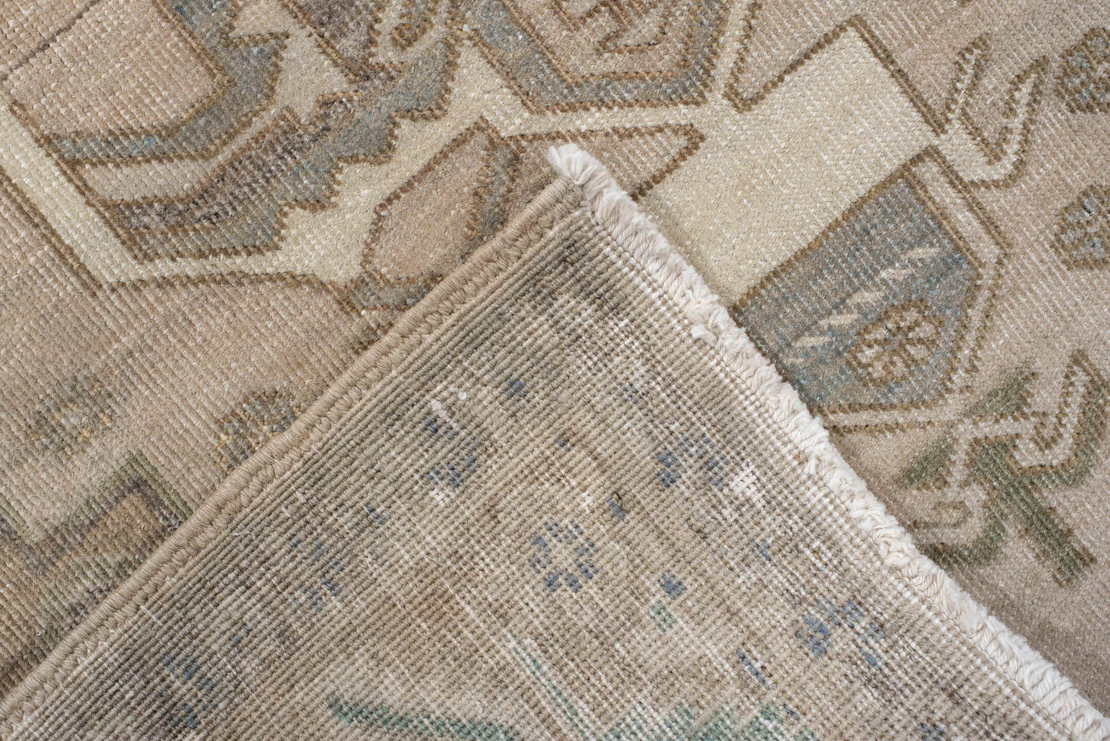 3' x 7' one-of-a-kind handmade antique Sarab runner rug. Color palette: camel, ivory, taupe, sage, brown, slate, olive