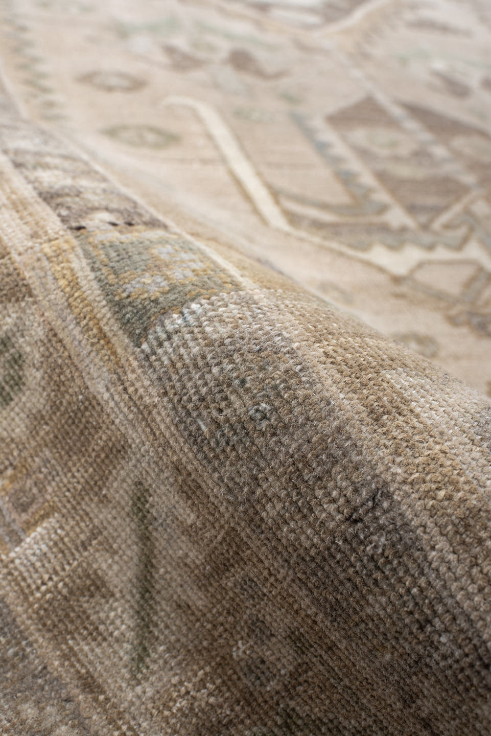 3' x 7' one-of-a-kind handmade antique Sarab runner rug. Color palette: camel, ivory, taupe, sage, brown, slate, olive
