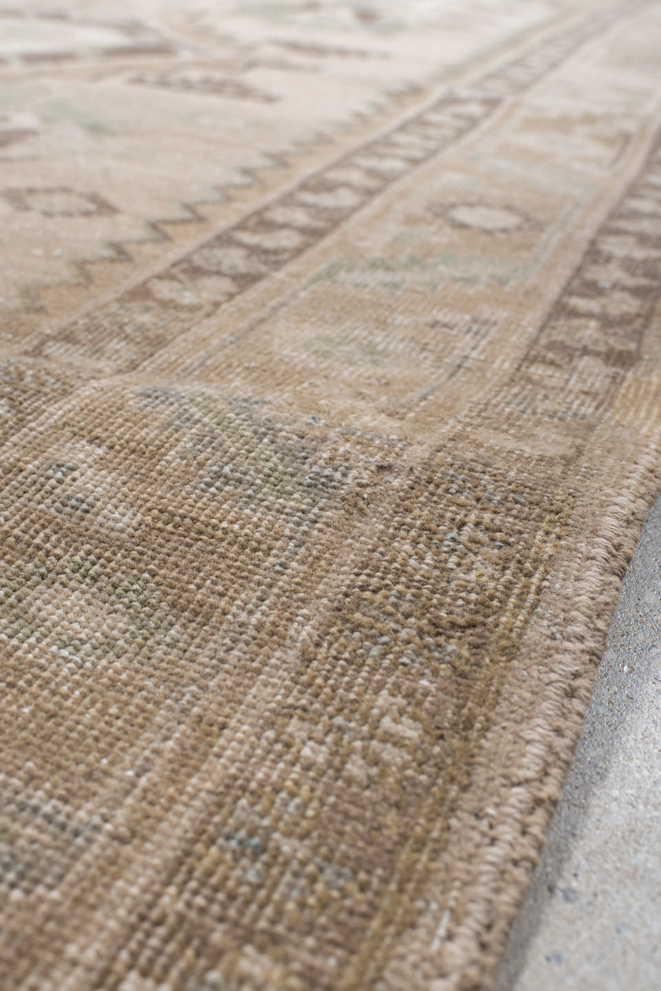 3' x 7' one-of-a-kind handmade antique Sarab runner rug. Color palette: camel, ivory, taupe, sage, brown, slate, olive