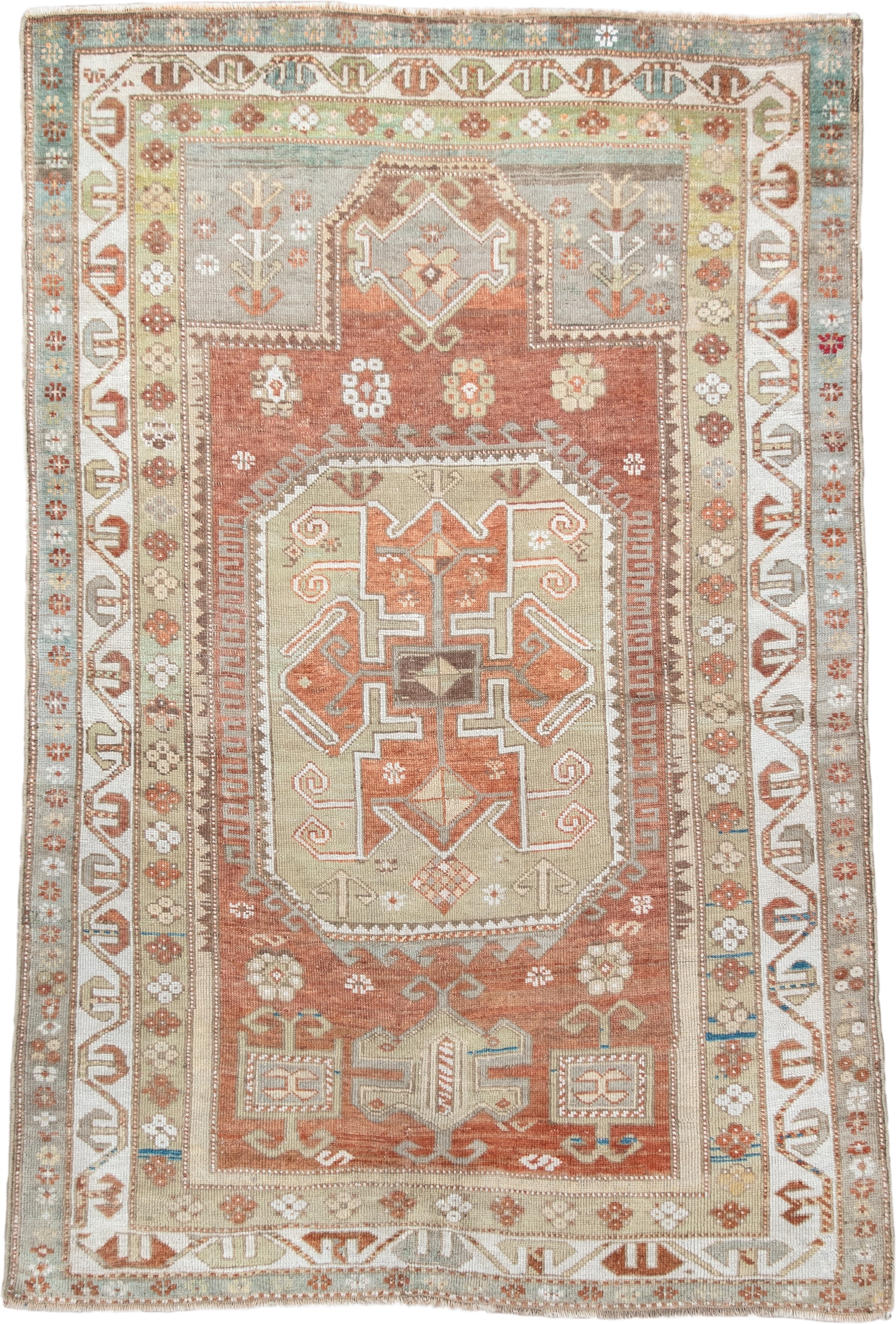 3' x 5' one-of-a-kind handmade vintage Anatolian small size rug. Color palette: rust, ivory, pale aqua, sage, taupe, camel