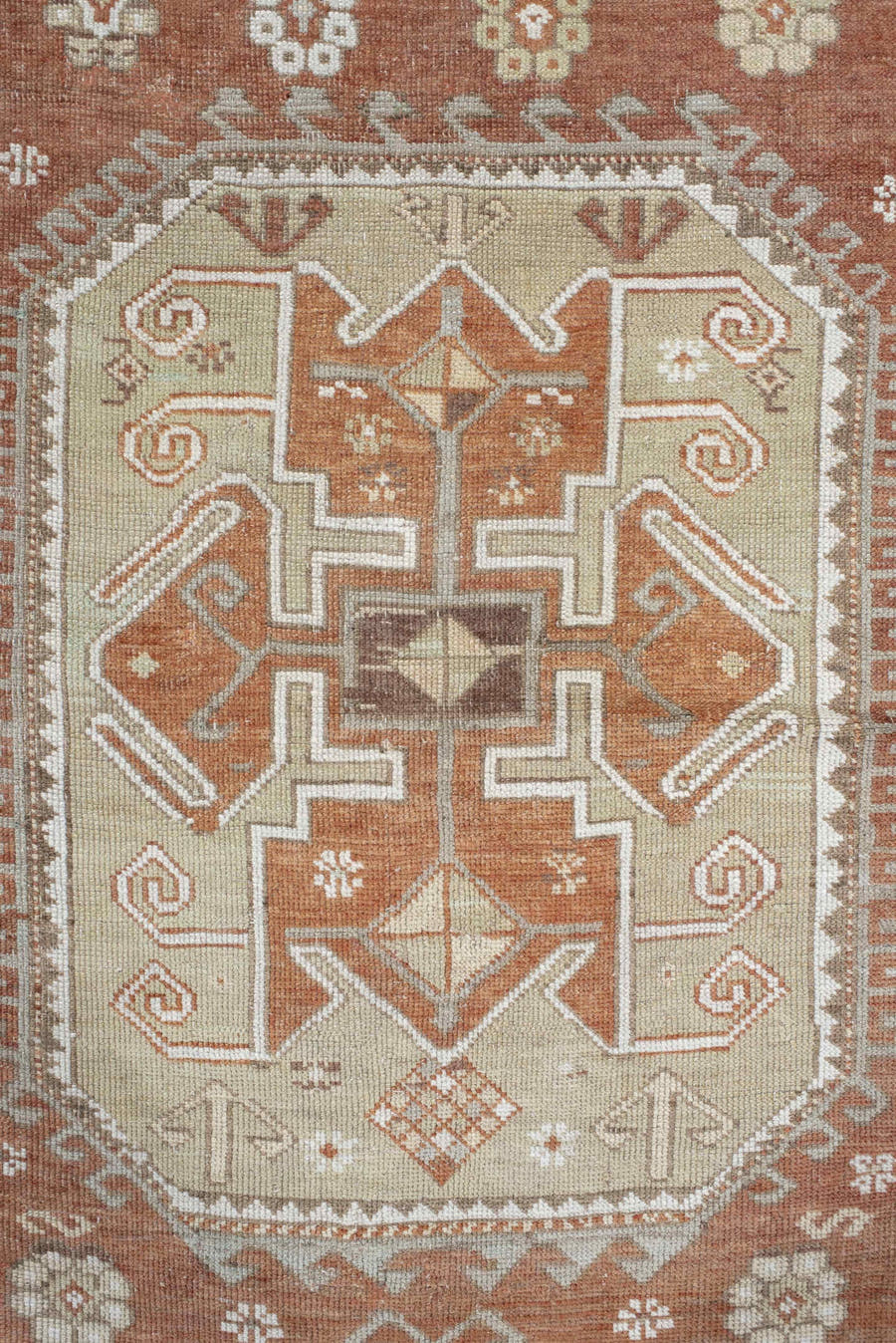 3' x 5' one-of-a-kind handmade vintage Anatolian small size rug. Color palette: rust, ivory, pale aqua, sage, taupe, camel