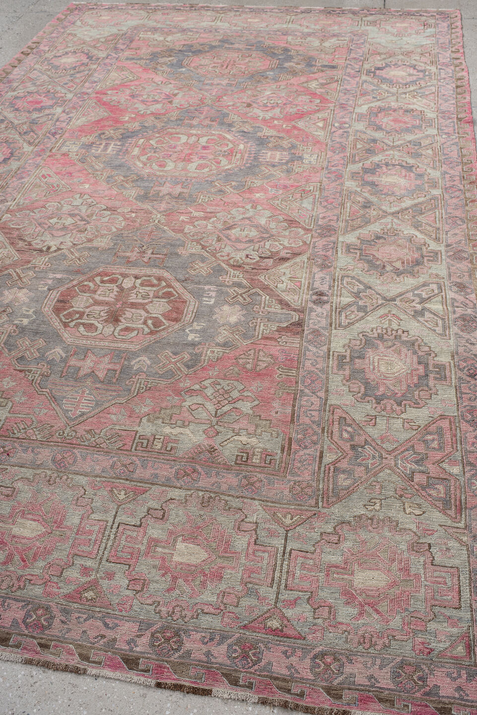 6' x 11' one-of-a-kind handmade vintage Sumak large size rug. Color palette: rose, ivory, slate, dusty pink, taupe, sage
