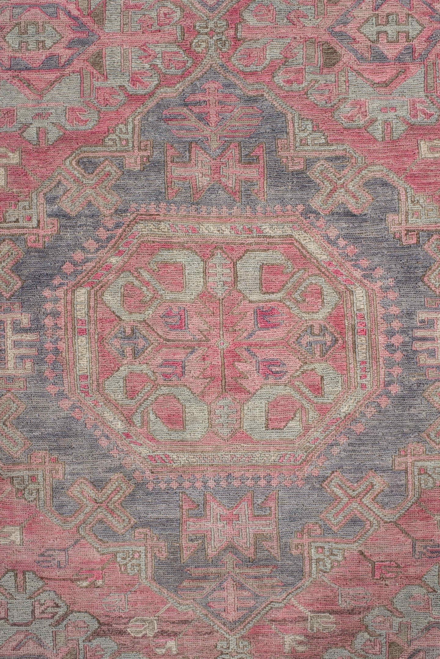 6' x 11' one-of-a-kind handmade vintage Sumak large size rug. Color palette: rose, ivory, slate, dusty pink, taupe, sage