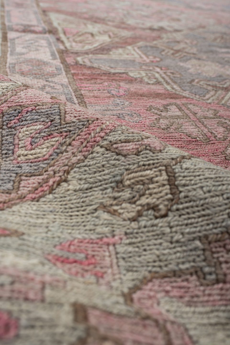 6' x 11' one-of-a-kind handmade vintage Sumak large size rug. Color palette: rose, ivory, slate, dusty pink, taupe, sage