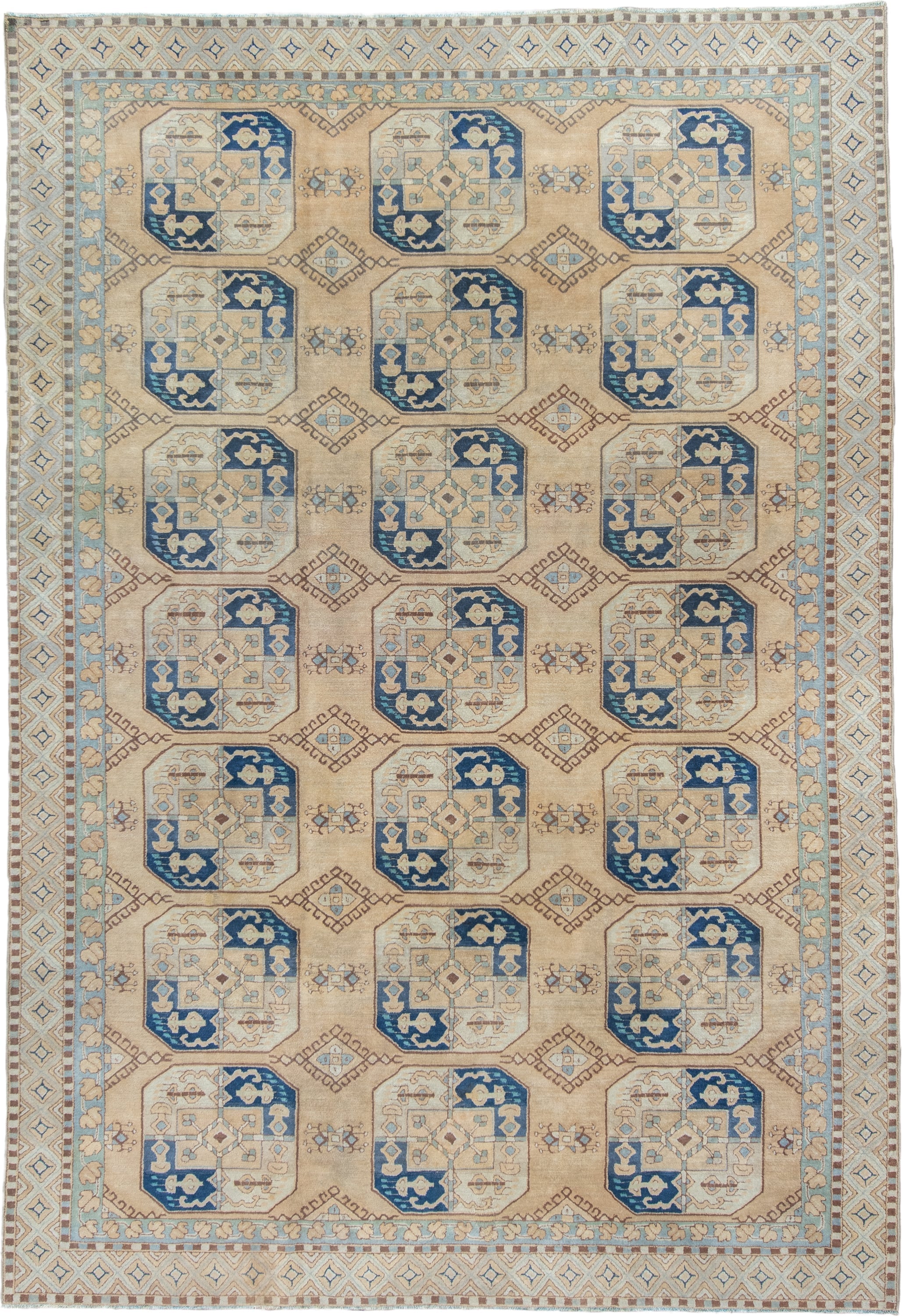 7' x 10' one-of-a-kind handmade vintage Hooked large size rug. Color palette: ivory, sky_blue, navy, tan, camel, taupe
