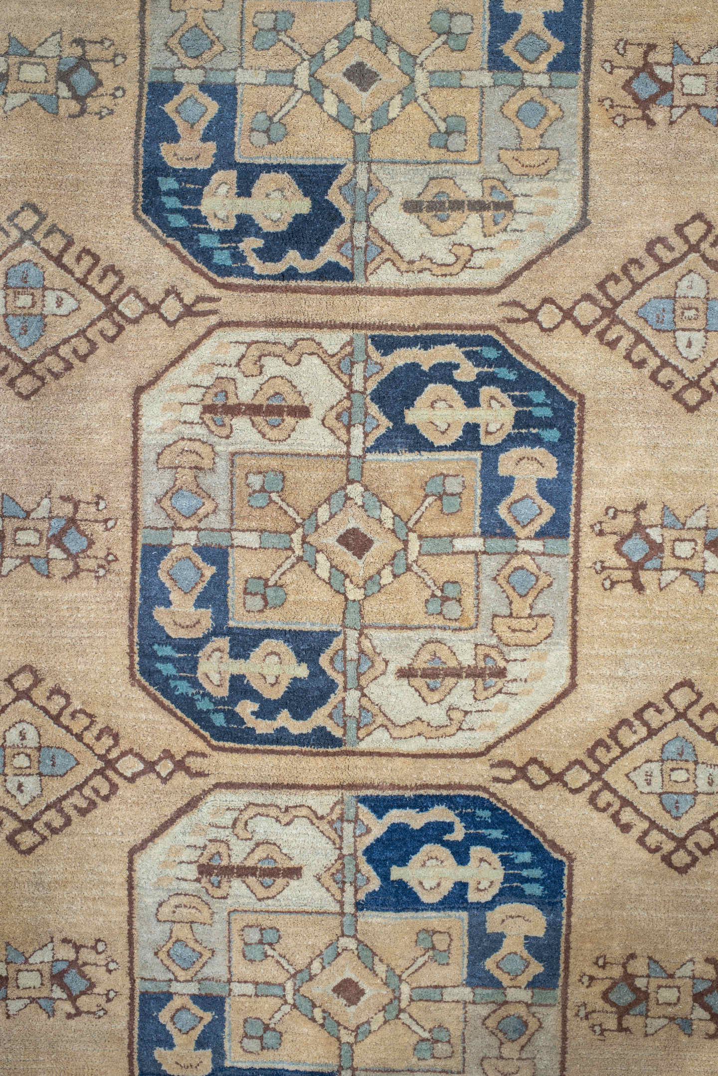 7' x 10' one-of-a-kind handmade vintage Hooked large size rug. Color palette: ivory, sky_blue, navy, tan, camel, taupe