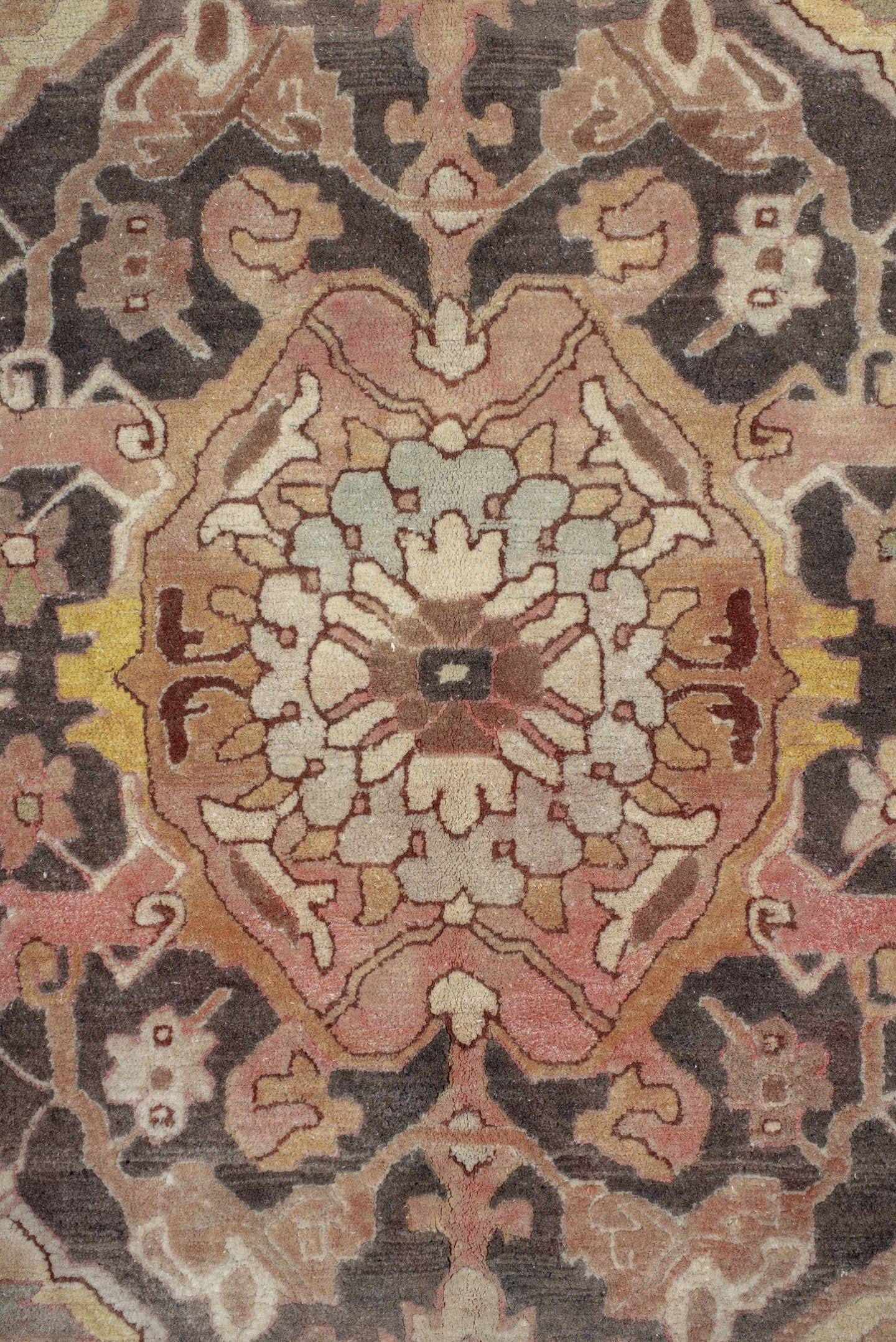 9' x 12' one-of-a-kind handmade antique Hooked large size rug. Color palette: ivory, blush, taupe, charcoal, peach, sage