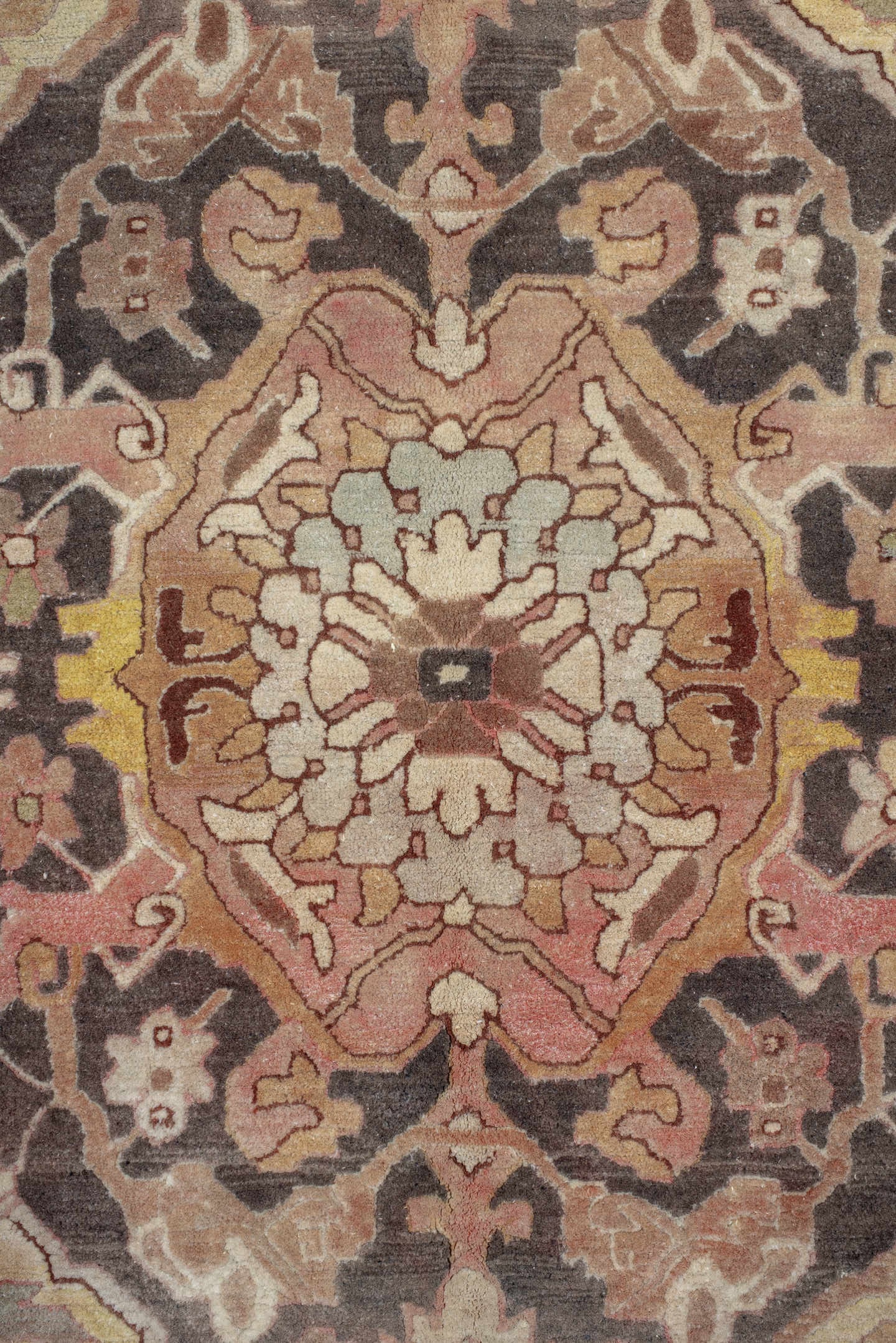 9' x 12' one-of-a-kind handmade antique Hooked large size rug. Color palette: ivory, blush, taupe, charcoal, peach, sage