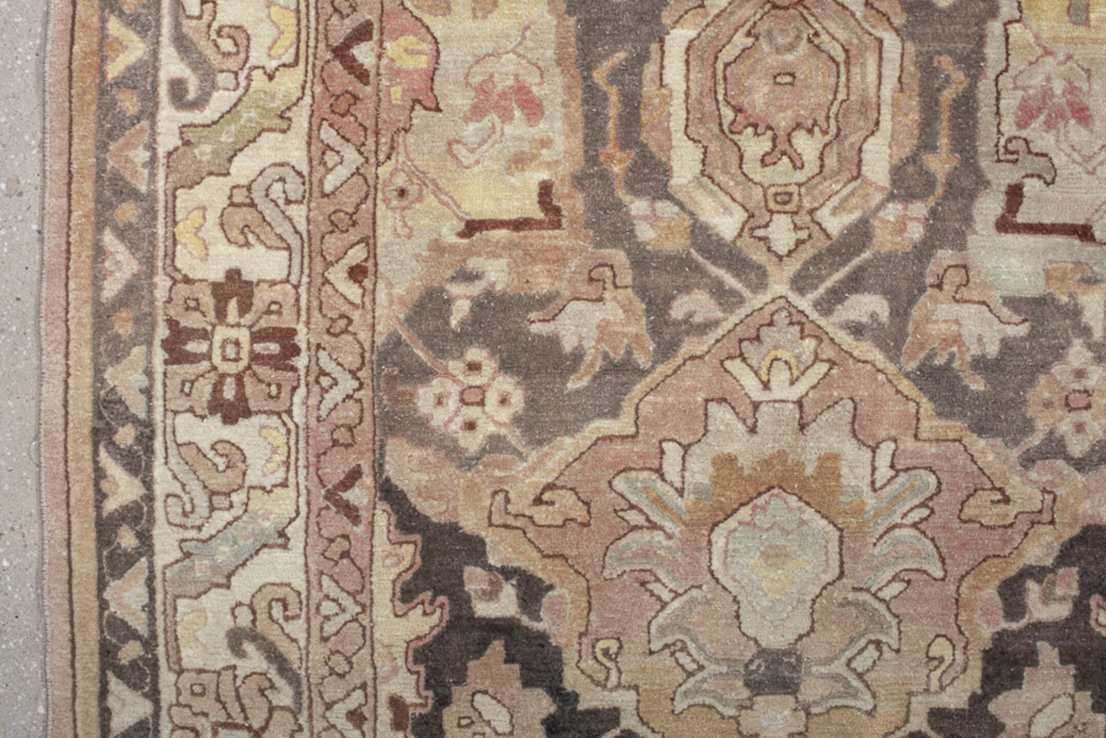 9' x 12' one-of-a-kind handmade vintage Hooked large size rug. Color palette: light gray, off-white, gray, pink, brown