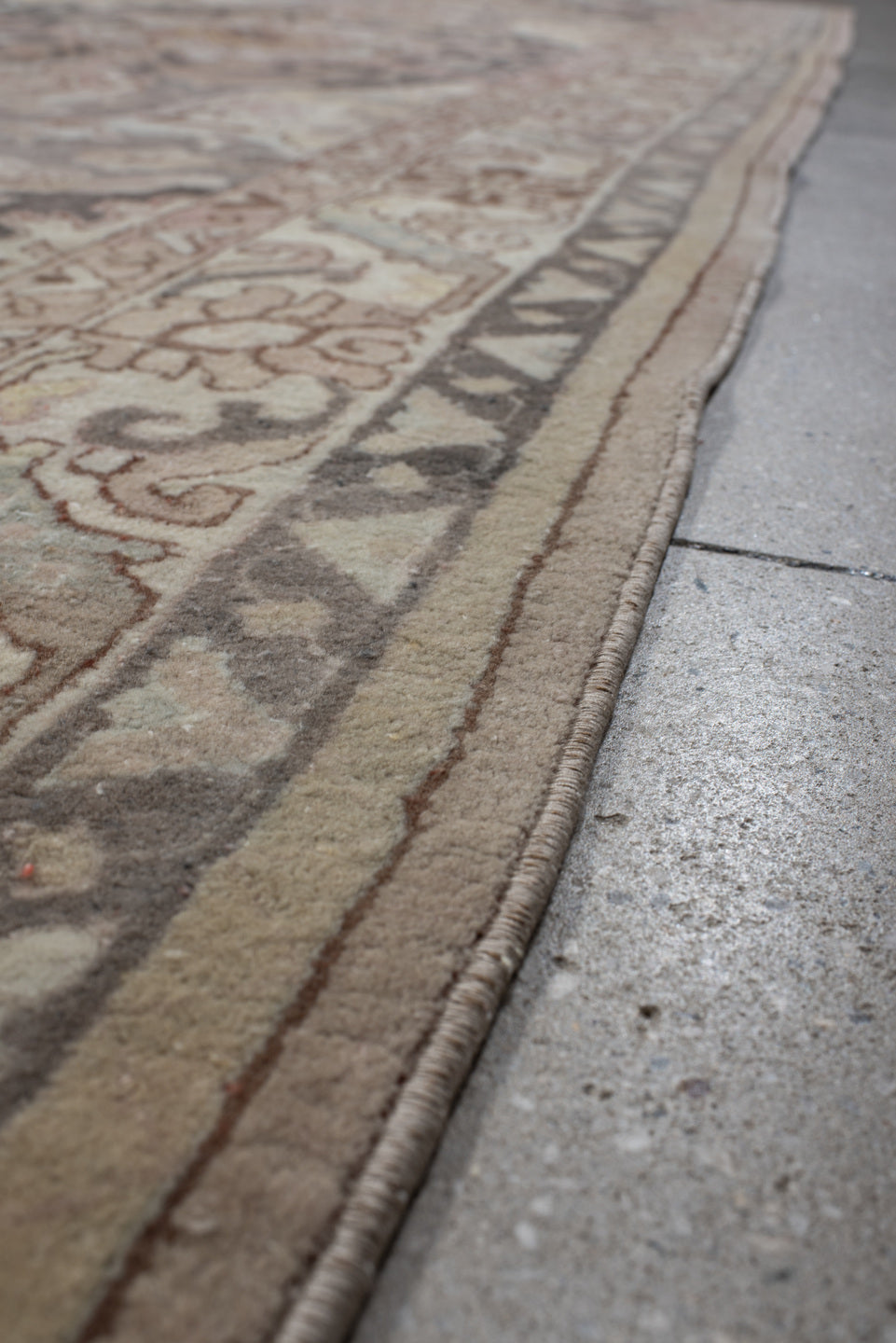 9' x 12' one-of-a-kind handmade antique Hooked large size rug. Color palette: ivory, blush, taupe, charcoal, peach, sage