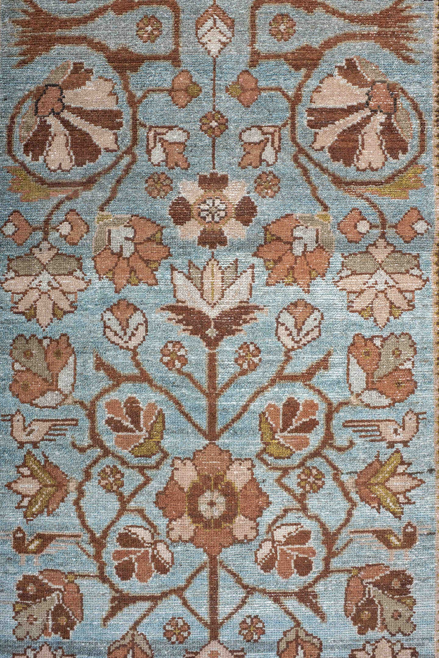 3' x 16' one-of-a-kind handmade vintage Malayer runner rug. Color palette: sky blue, rust, ivory, camel, taupe, sage