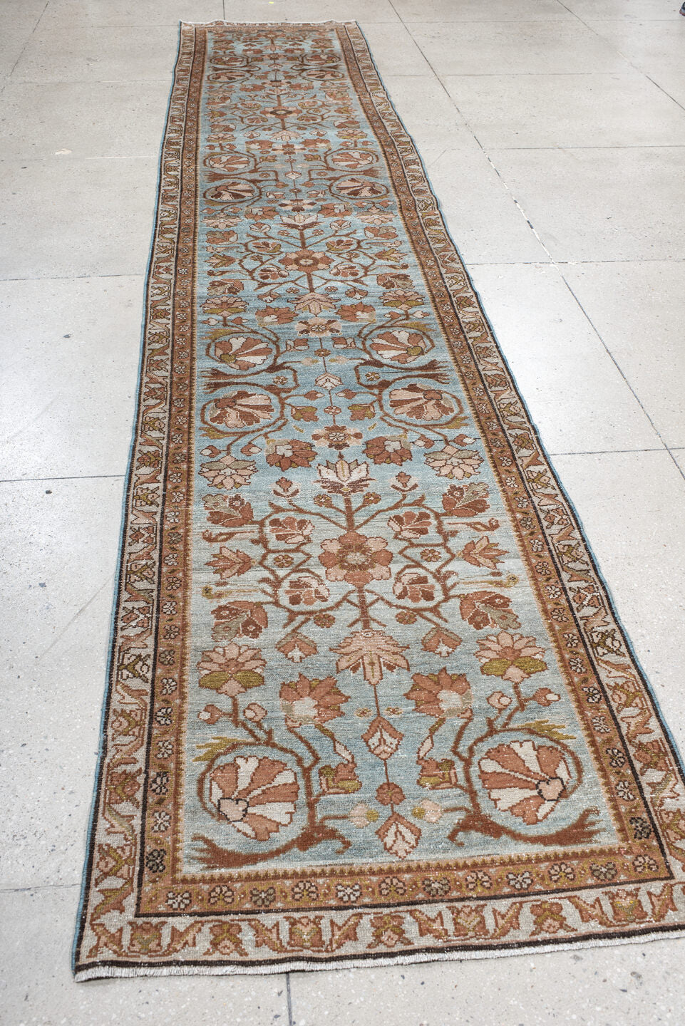 3' x 16' one-of-a-kind handmade vintage Malayer runner rug. Color palette: sky blue, rust, ivory, camel, taupe, sage