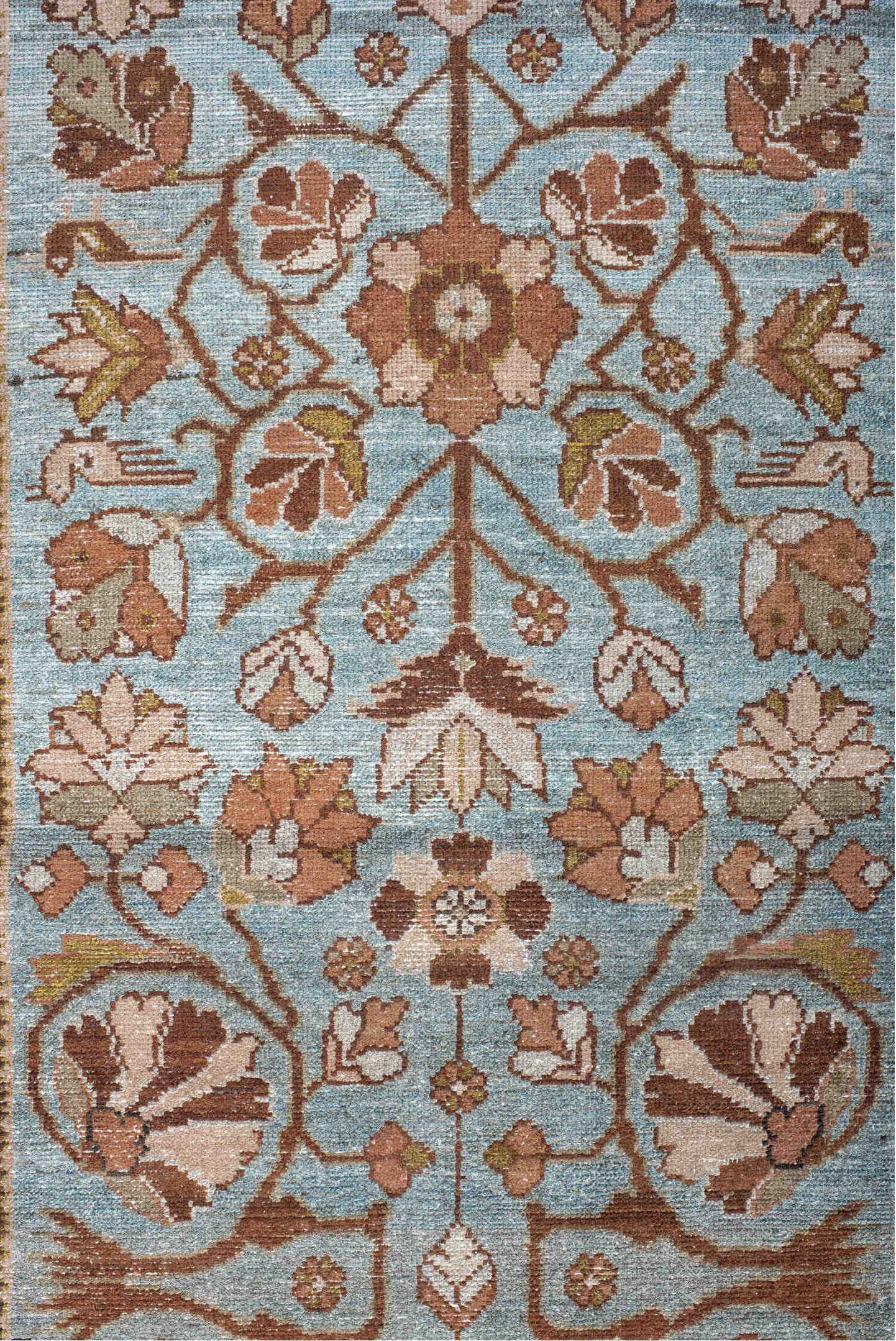 3' x 16' one-of-a-kind handmade vintage Malayer runner rug. Color palette: sky blue, rust, ivory, camel, taupe, sage