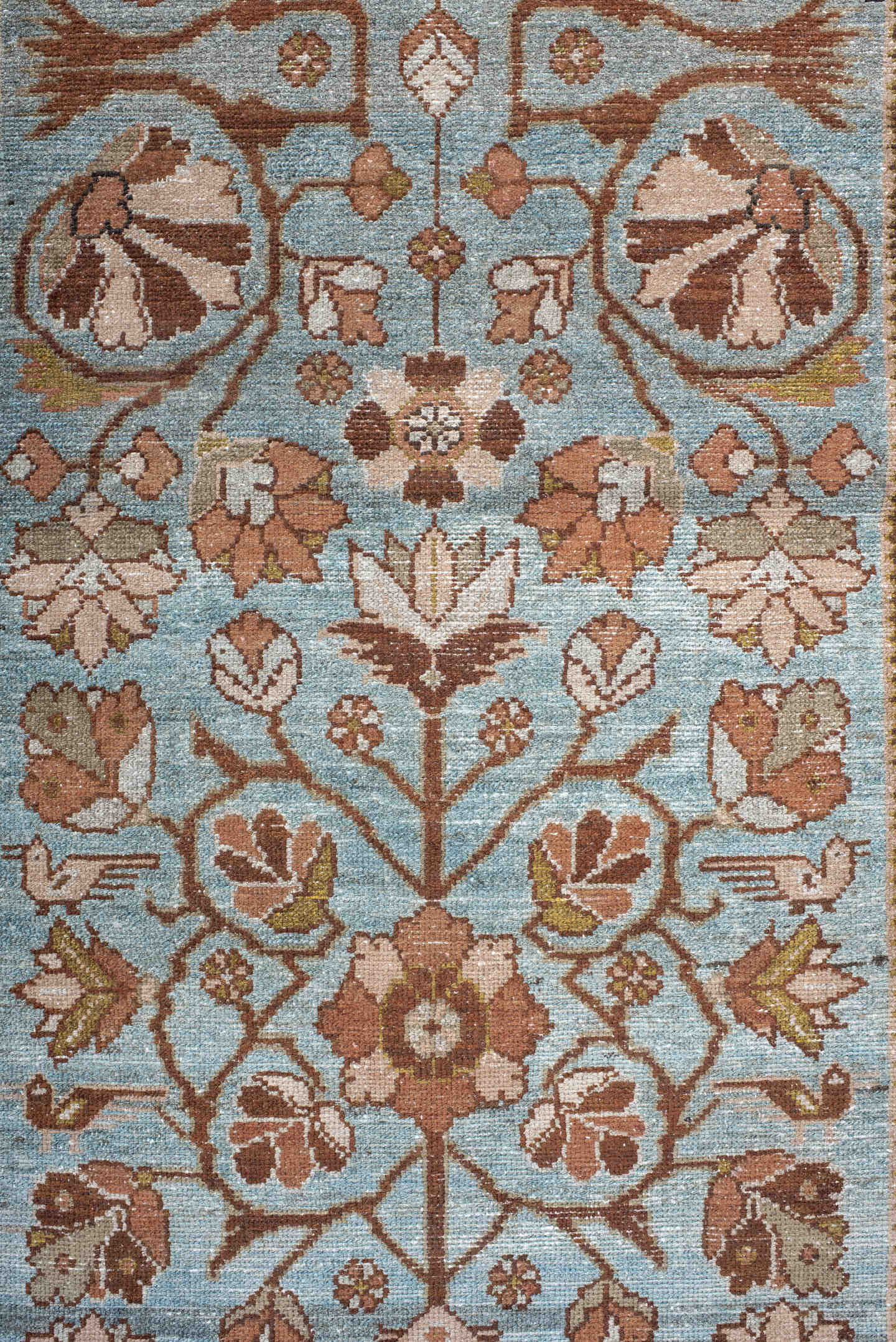 3' x 16' one-of-a-kind handmade vintage Malayer runner rug. Color palette: sky blue, rust, ivory, camel, taupe, sage
