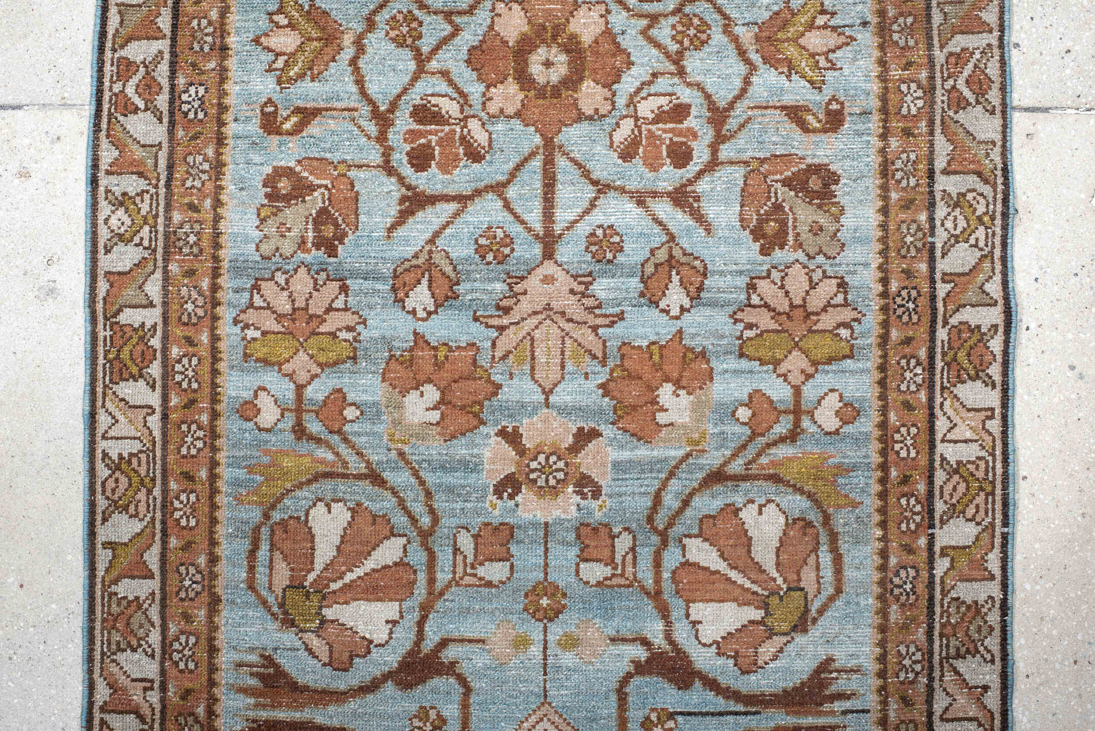 3' x 16' one-of-a-kind handmade vintage Malayer runner rug. Color palette: sky blue, rust, ivory, camel, taupe, sage