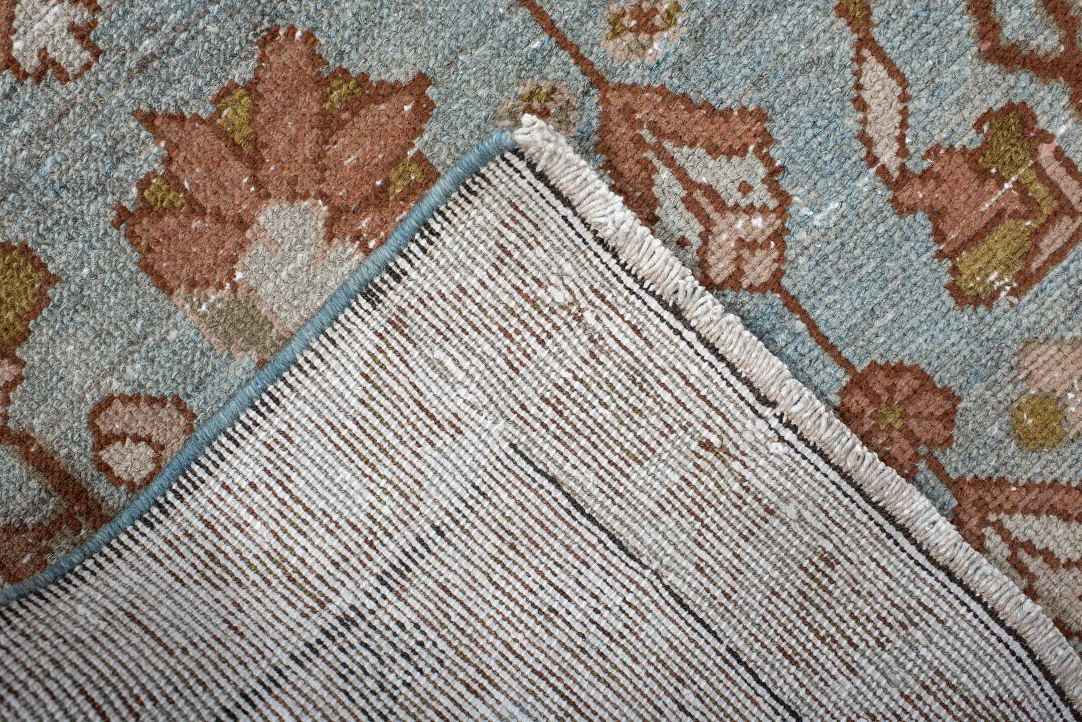 3' x 16' one-of-a-kind handmade vintage Malayer runner rug. Color palette: sky blue, rust, ivory, camel, taupe, sage