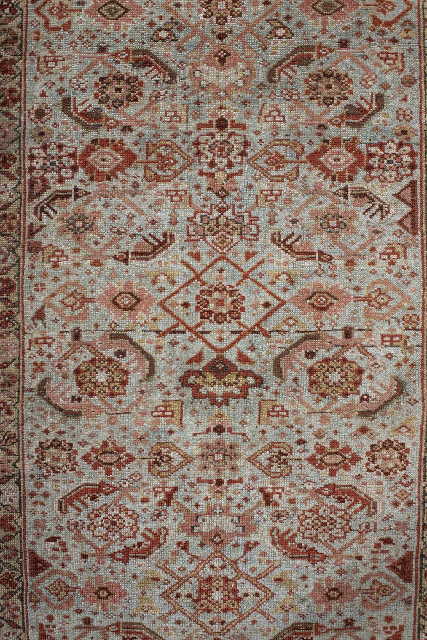 3' x 15' one-of-a-kind handmade vintage Malayer runner rug. Color palette: ivory, rust, brick, camel, taupe, brown