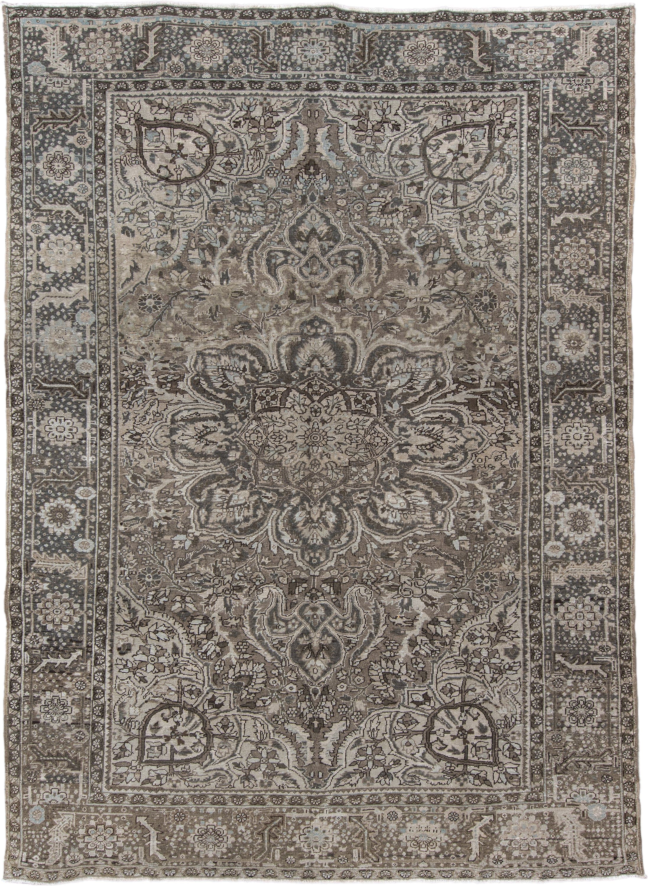 8' x 11' one-of-a-kind handmade antique Heriz large size rug. Color palette: taupe, brown, ivory, charcoal, slate, pale blue