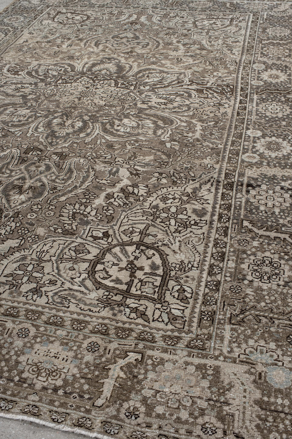 8' x 11' one-of-a-kind handmade antique Heriz large size rug. Color palette: taupe, brown, ivory, charcoal, slate, pale blue
