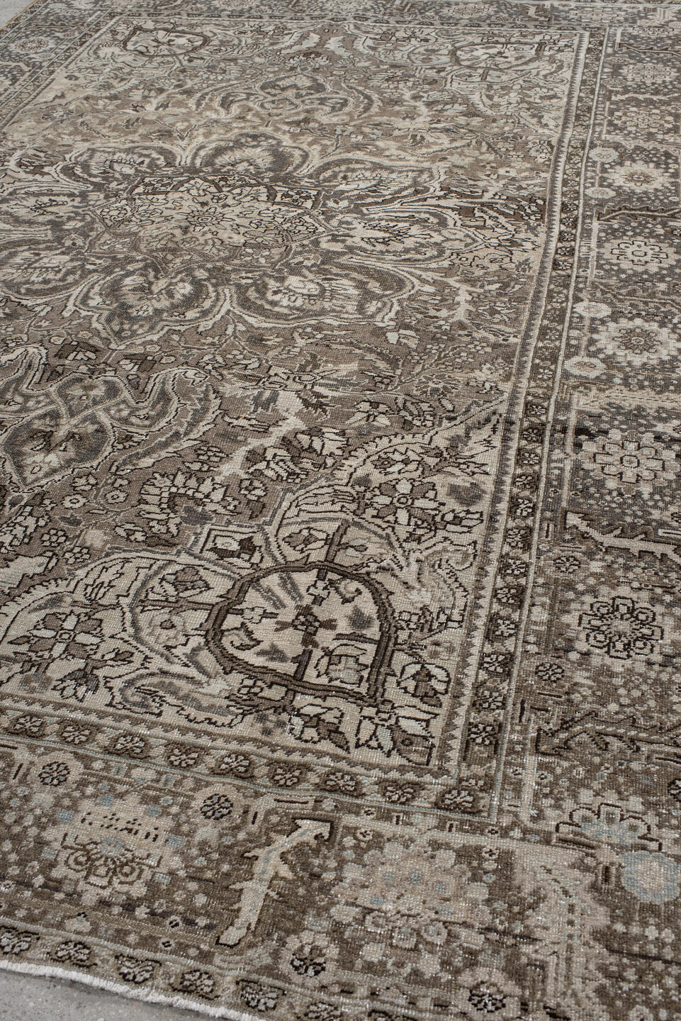 8' x 11' one-of-a-kind handmade antique Heriz large size rug. Color palette: taupe, brown, ivory, charcoal, slate, pale blue