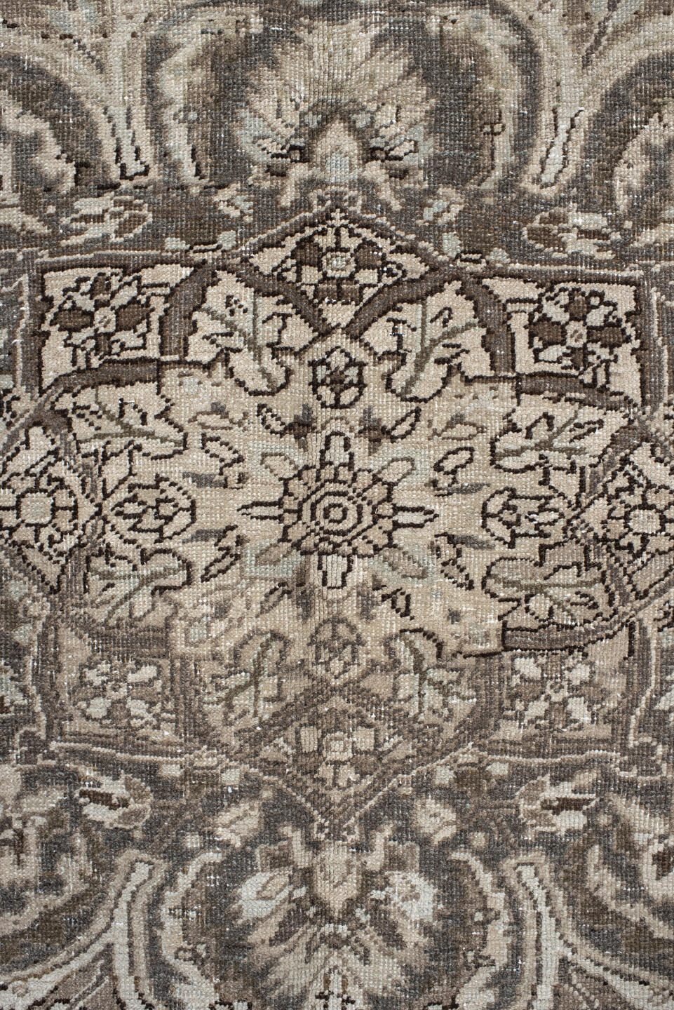 8' x 11' one-of-a-kind handmade antique Heriz large size rug. Color palette: taupe, brown, ivory, charcoal, slate, pale blue