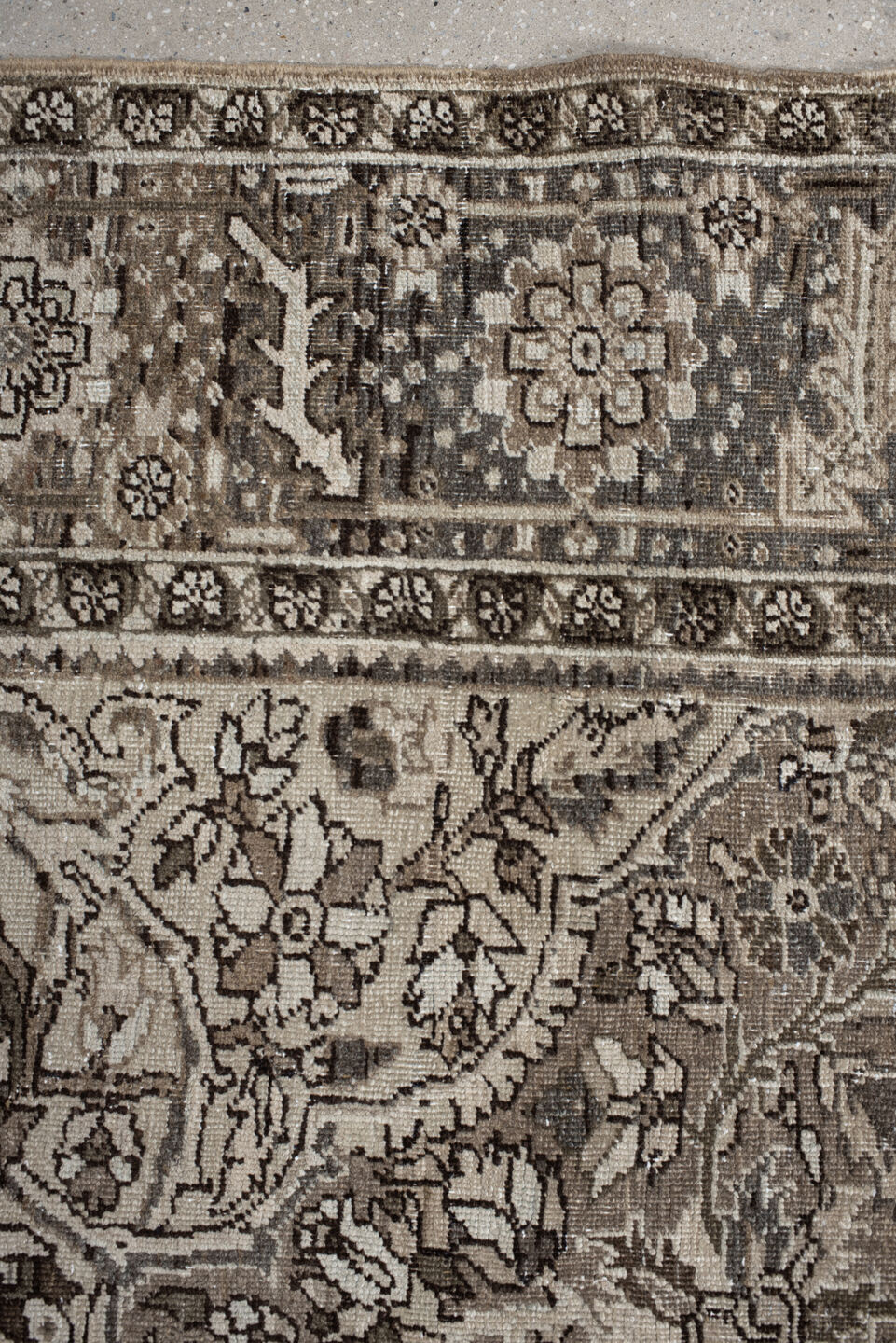 8' x 11' one-of-a-kind handmade antique Heriz large size rug. Color palette: taupe, brown, ivory, charcoal, slate, pale blue