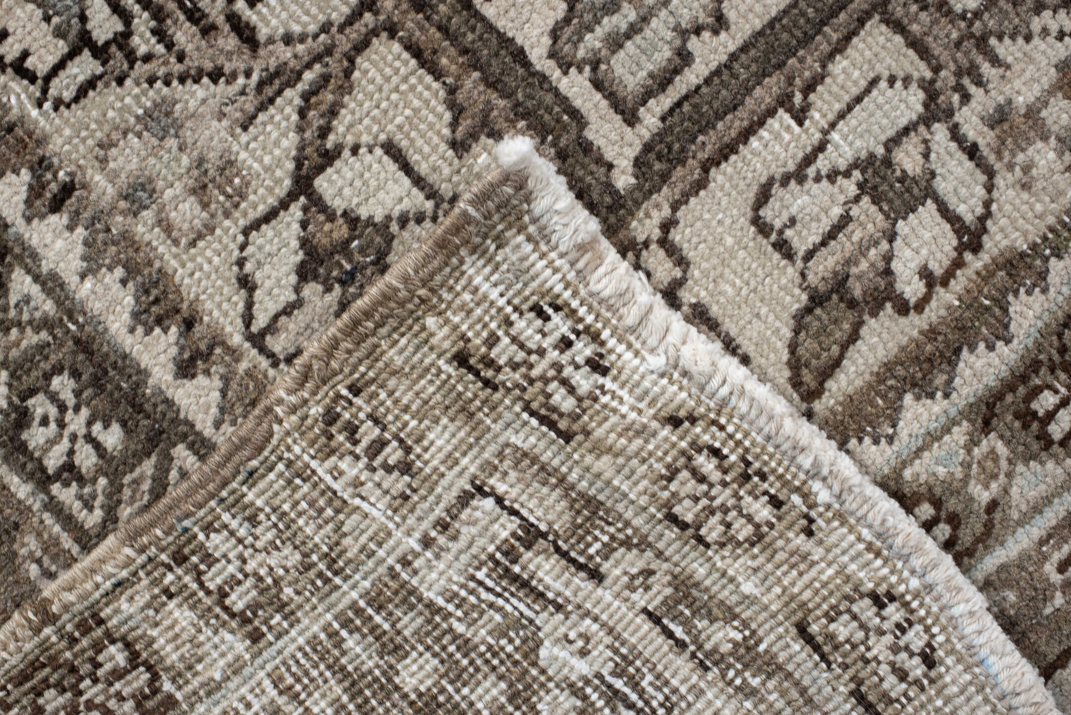 8' x 11' one-of-a-kind handmade antique Heriz large size rug. Color palette: taupe, brown, ivory, charcoal, slate, pale blue