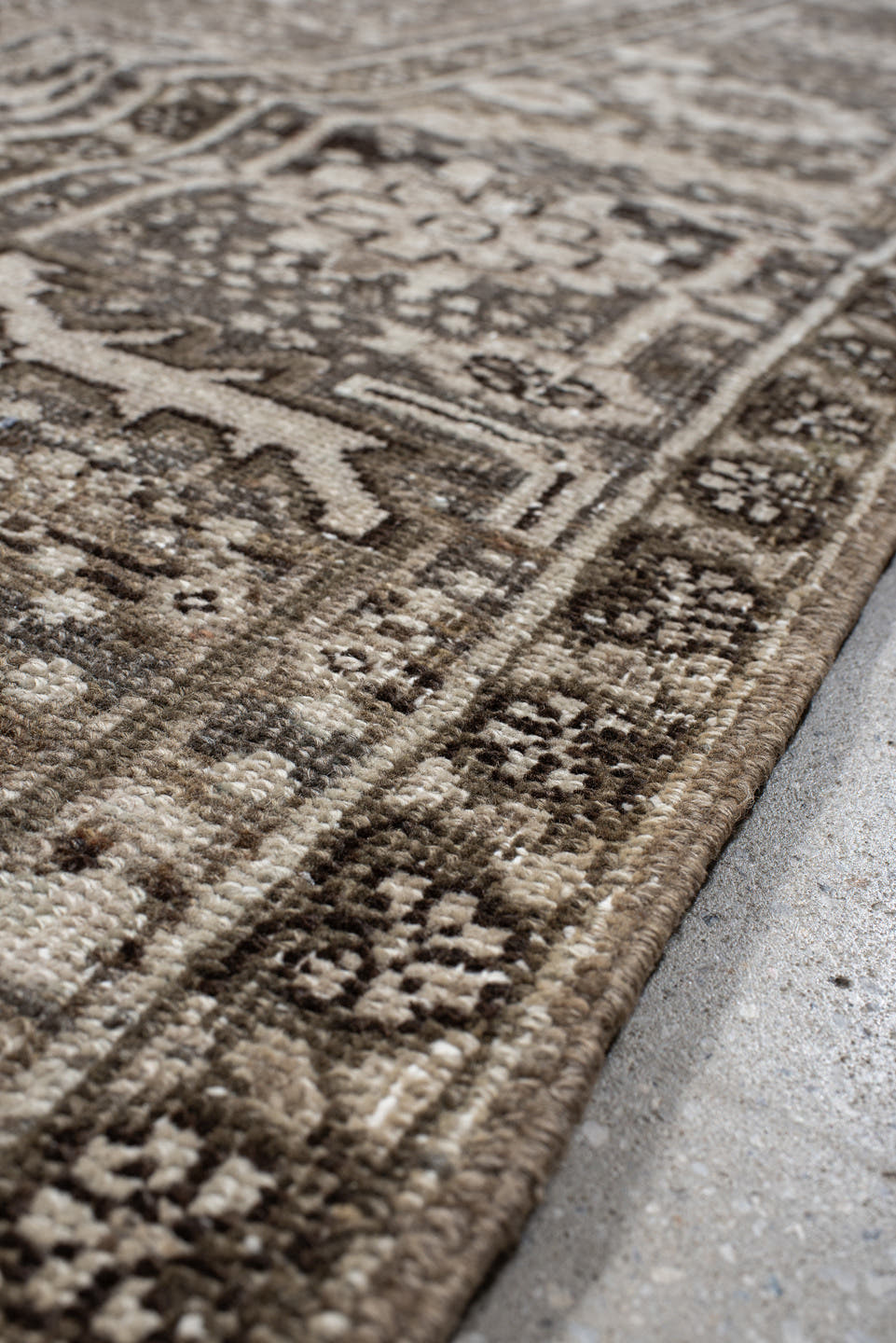 8' x 11' one-of-a-kind handmade antique Heriz large size rug. Color palette: taupe, brown, ivory, charcoal, slate, pale blue