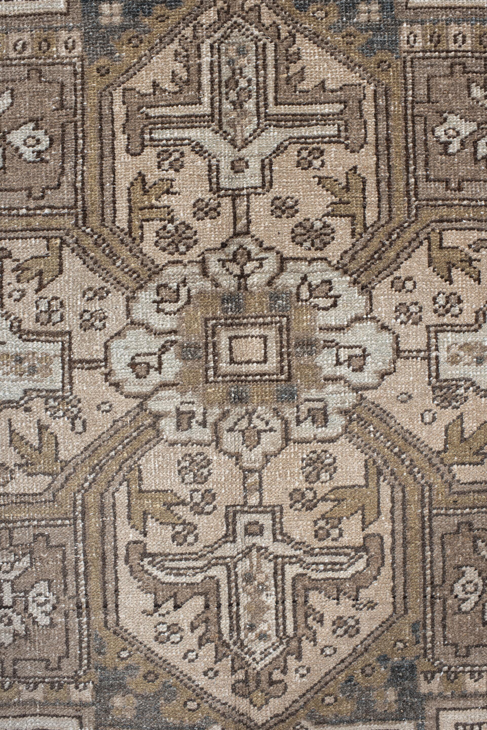8' x 11' one-of-a-kind handmade vintage Heriz large size rug. Color palette: taupe, ivory, slate, brown, gold, charcoal