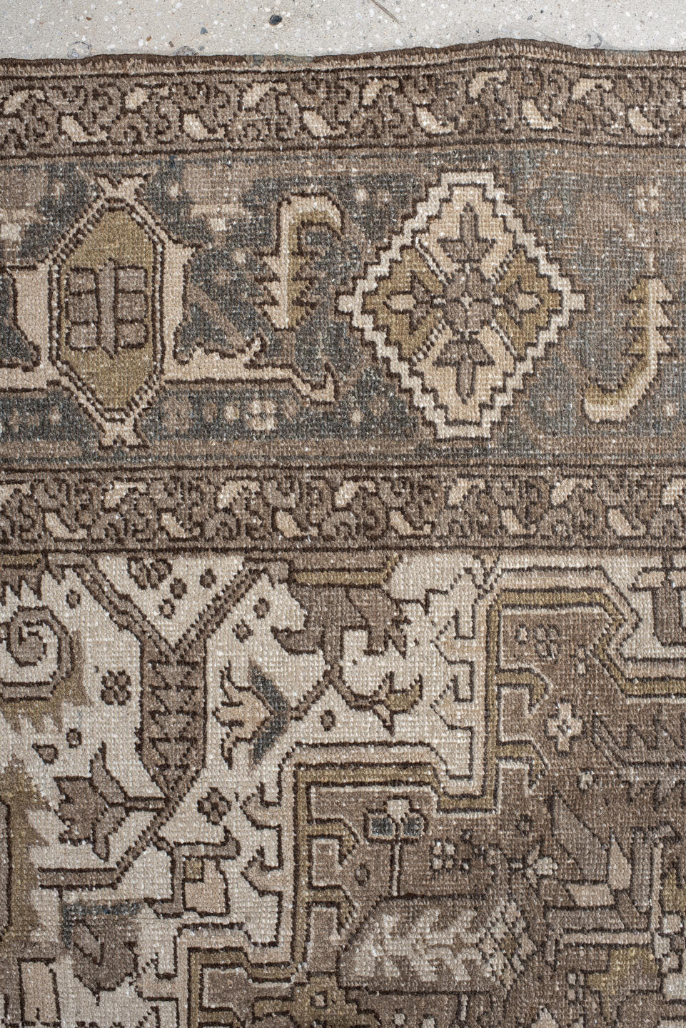 8' x 11' one-of-a-kind handmade vintage Heriz large size rug. Color palette: taupe, ivory, slate, brown, gold, charcoal