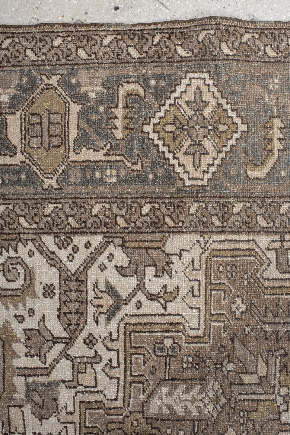 8' x 11' one-of-a-kind handmade vintage Heriz large size rug. Color palette: taupe, ivory, slate, brown, gold, charcoal