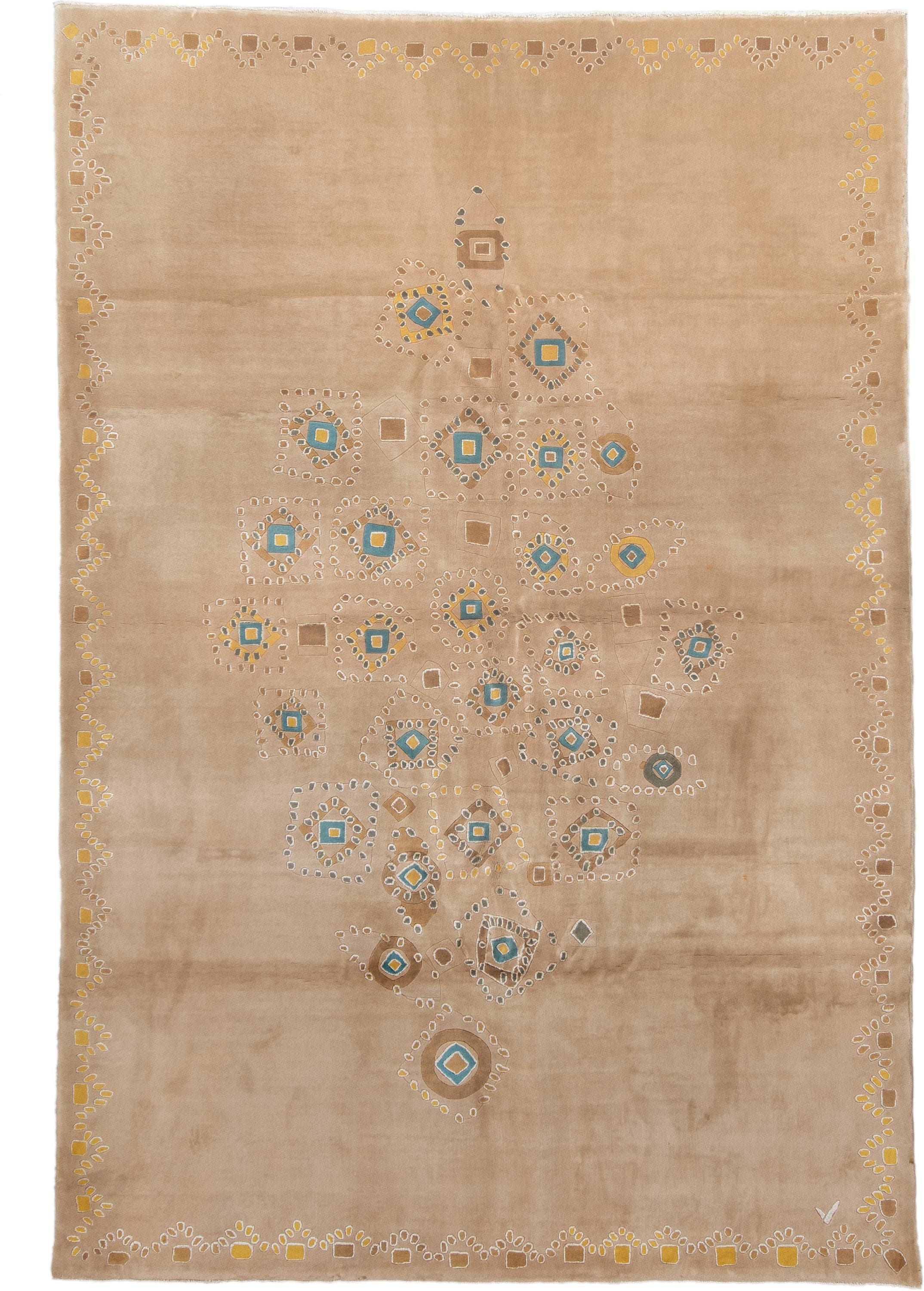 6' x 9' one-of-a-kind handmade vintage Kashan medium size rug. Color palette: camel, taupe, gold, ivory, slate, teal, beige
