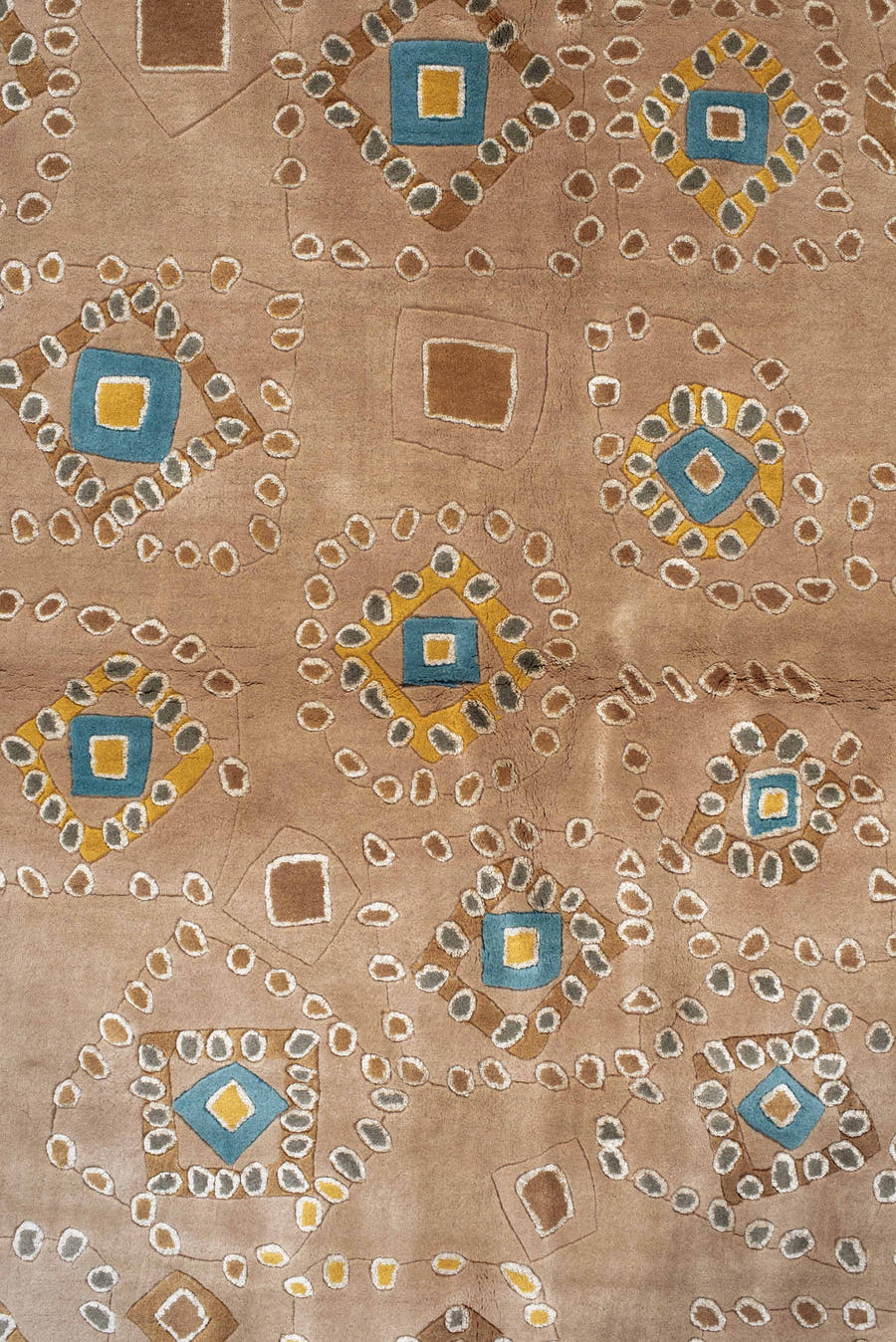 6' x 9' one-of-a-kind handmade vintage Kashan medium size rug. Color palette: camel, taupe, gold, ivory, slate, teal, beige