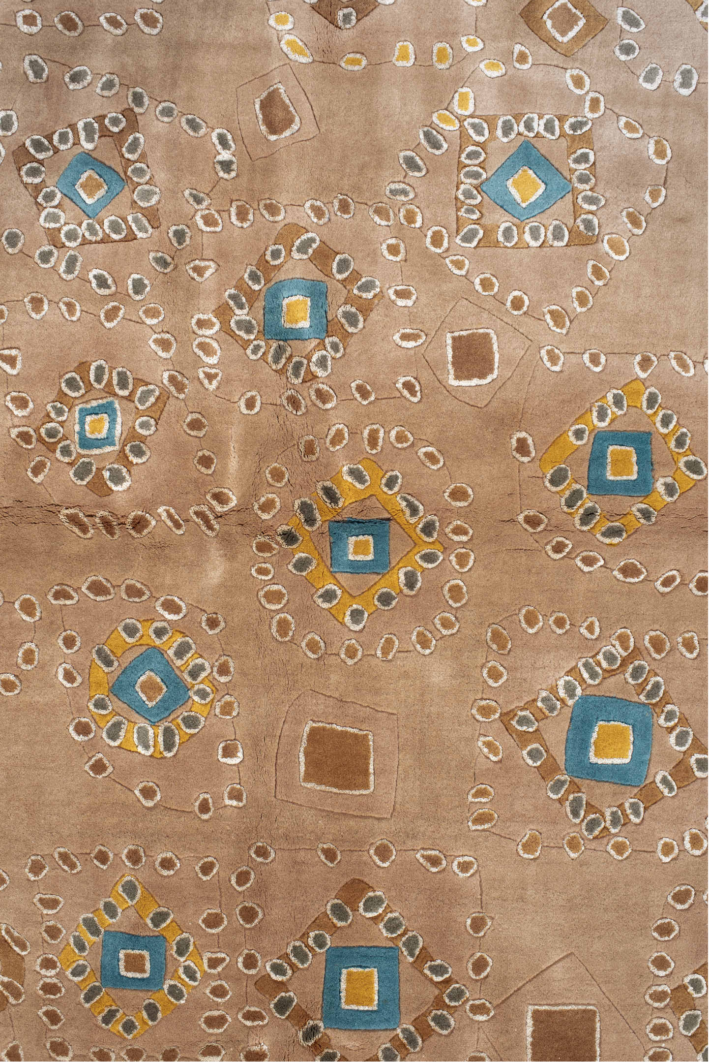 6' x 9' one-of-a-kind handmade vintage Kashan medium size rug. Color palette: camel, taupe, gold, ivory, slate, teal, beige