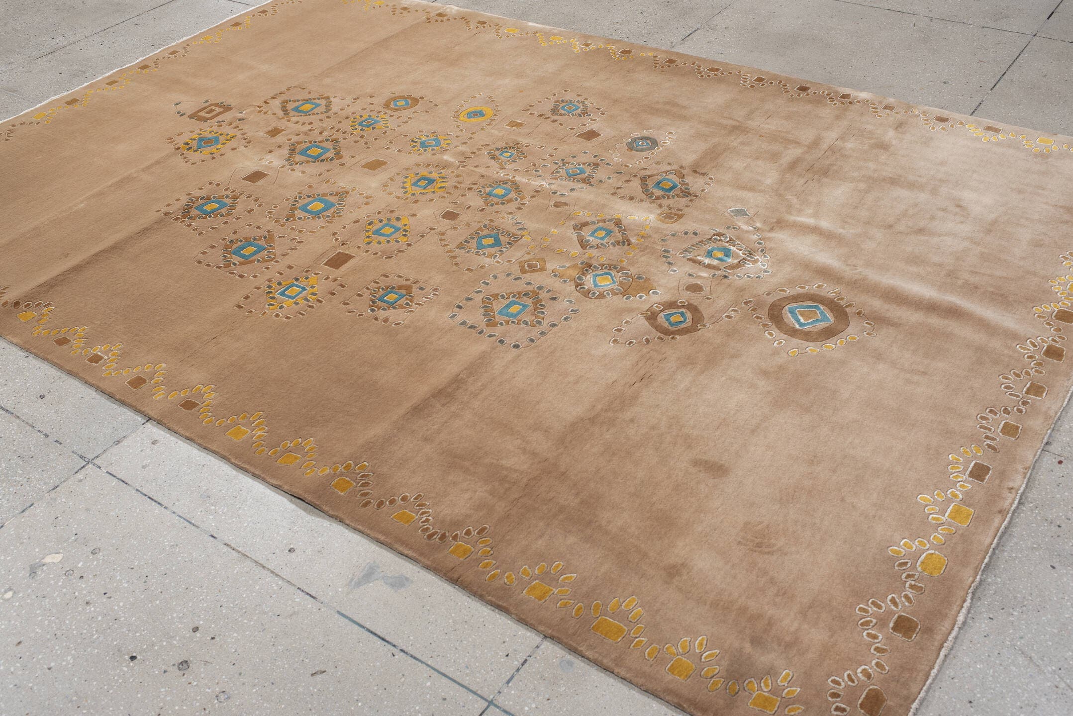 6' x 9' one-of-a-kind handmade vintage Kashan medium size rug. Color palette: camel, taupe, gold, ivory, slate, teal, beige